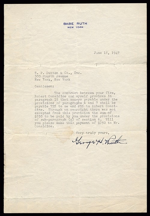 1947 Babe Ruth Signed Letter Regarding The Babe Ruth Story PSA/DNA MINT ...