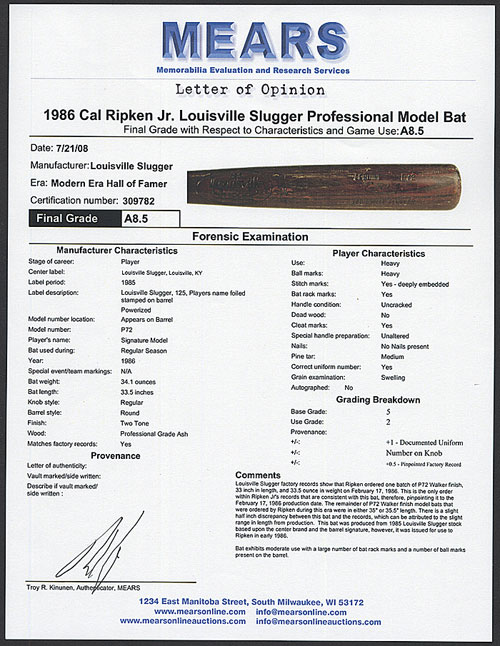 1986 Cal Ripken Jr. Pro-Model Bat | REA Archive