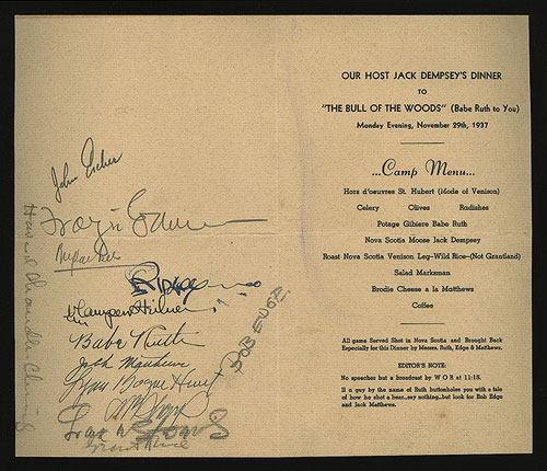 1937 Babe Ruth Signed Jack Dempsey's Restaurant Menu (Also Signed by ...