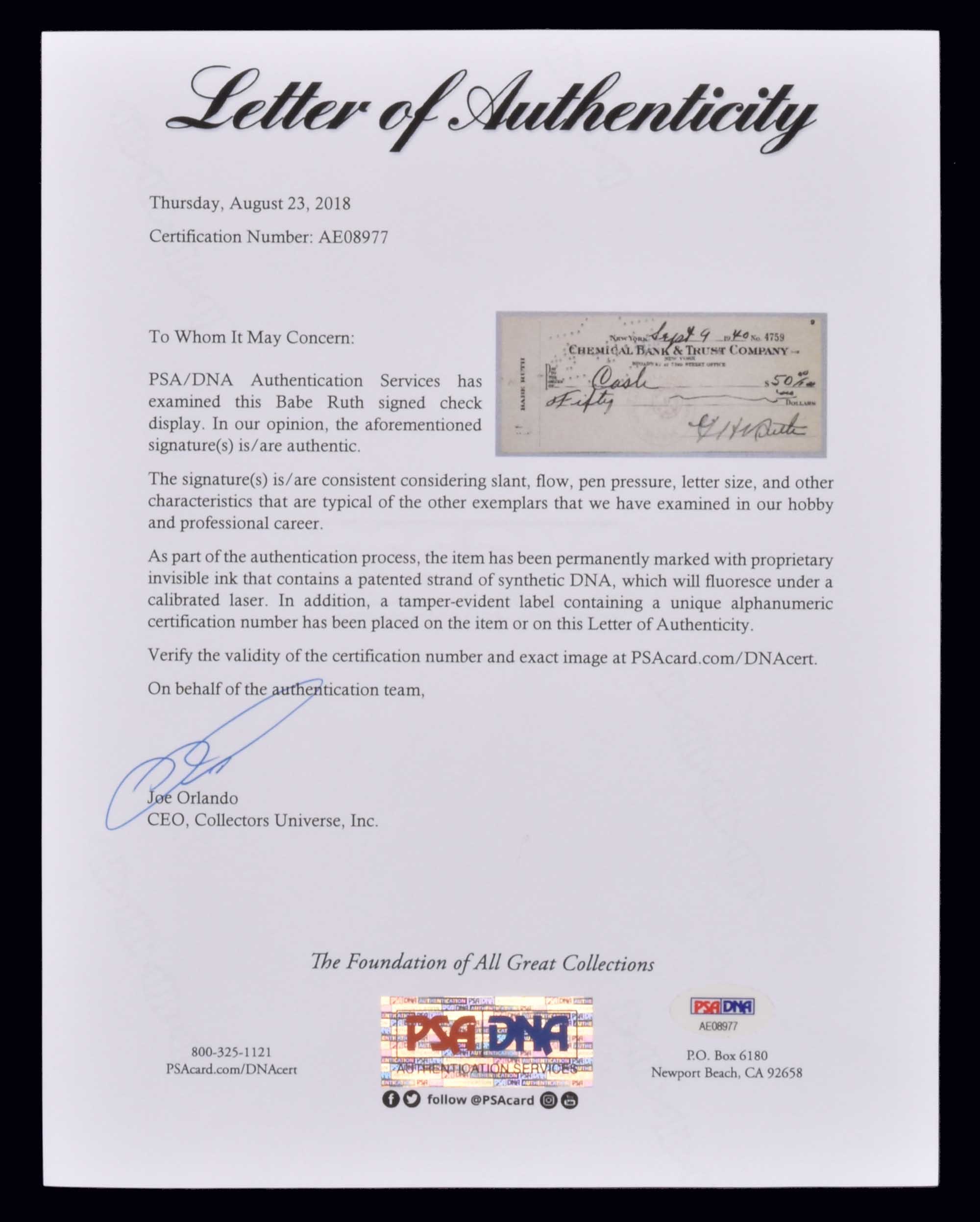 1940 Babe Ruth Signed Check in Framed Display - PSA/DNA | REA Archive