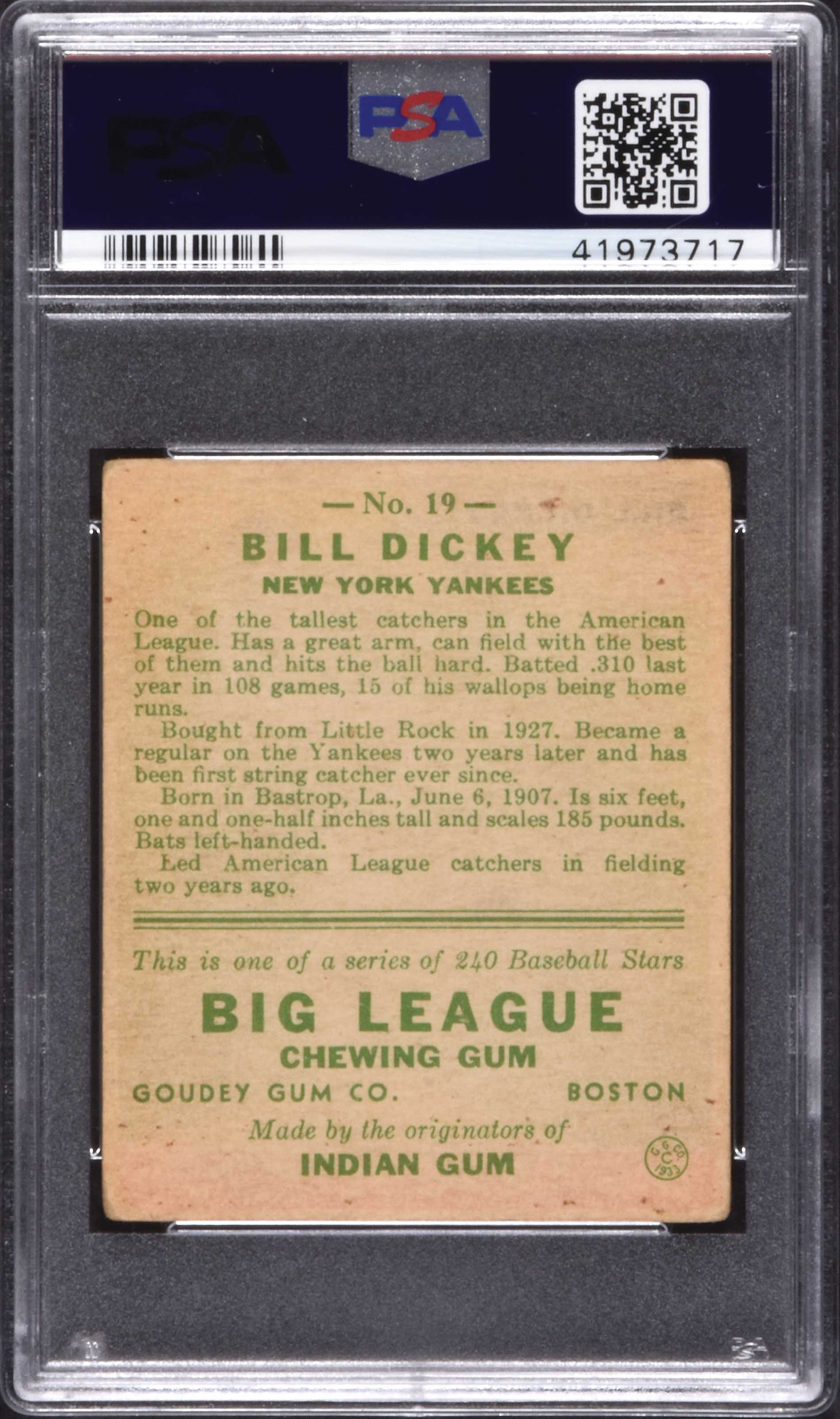 Signed 1933 R319 Goudey #19 Bill Dickey - PSA/DNA | REA Archive