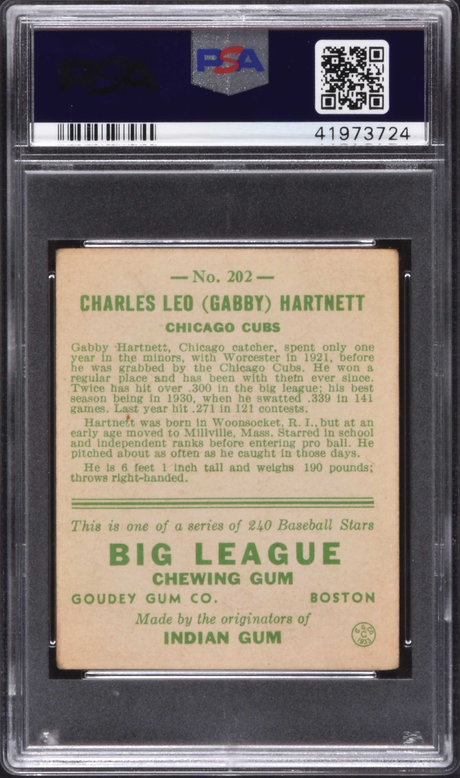 Signed 1933 R319 Goudey #202 Gabby Hartnett - PSA/DNA | REA Archive