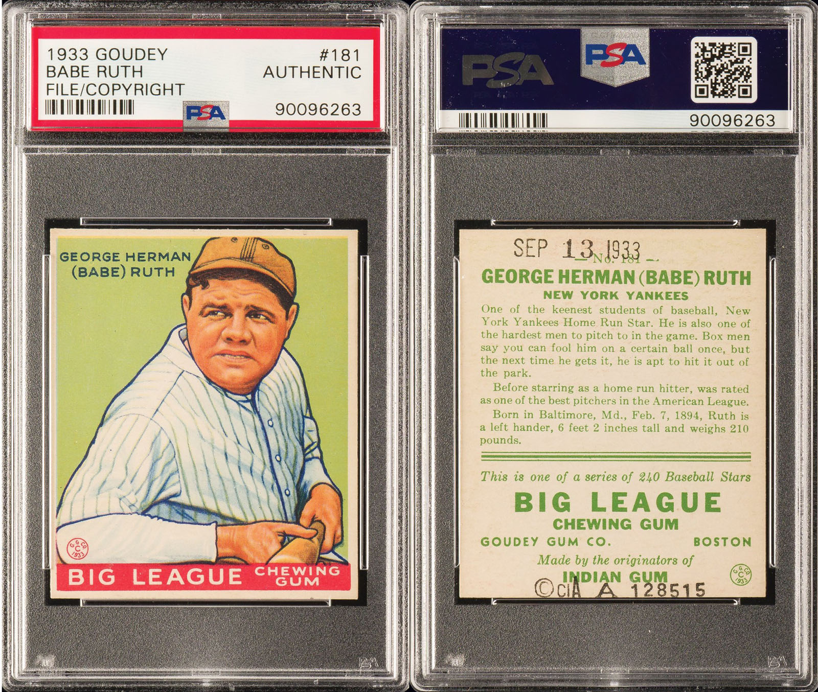 1933 R319 Goudey #181 Babe Ruth File Card and U.S. Copyright Office ...