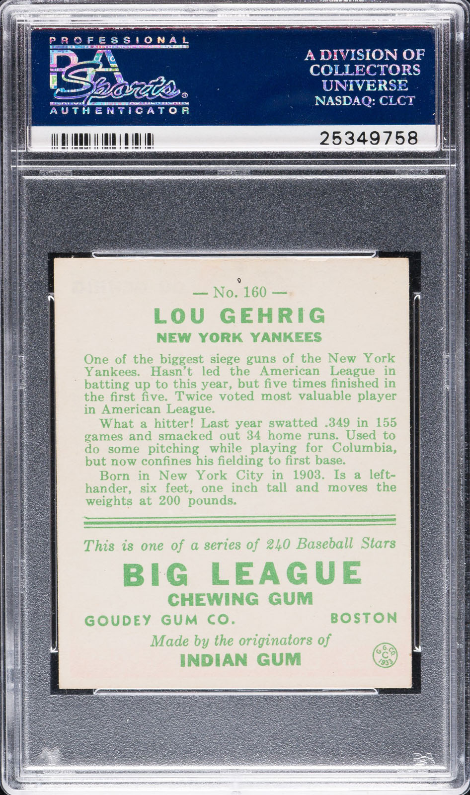 1933 R319 Goudey #160 Lou Gehrig PSA EX 5