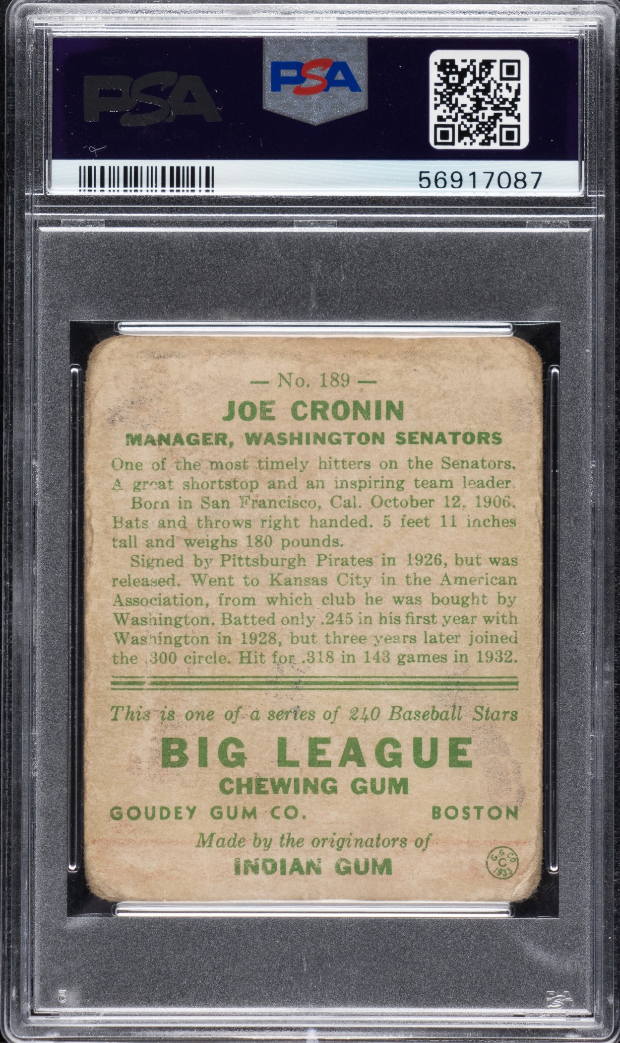 Signed 1933 R319 Goudey #189 Joe Cronin - PSA/DNA | REA Archive