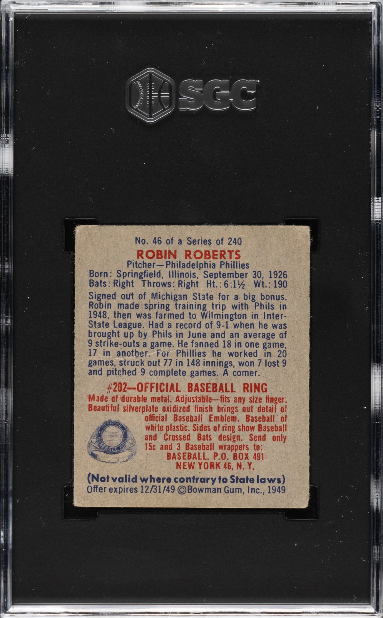 Robin Roberts Rookie 1949 Bowman #46 Robin Roberts Rookie SGC GOOD 2 | REA Archive