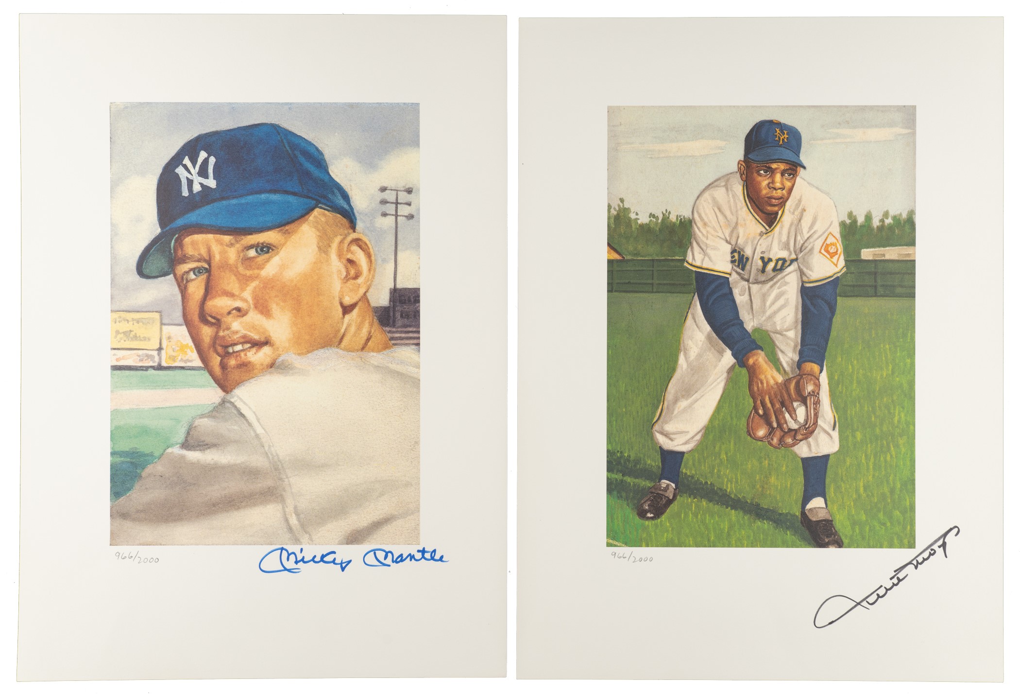 Mickey Mantle and Willie Mays Signed Limited-Edition 1953 Topps Artwork Lithographs