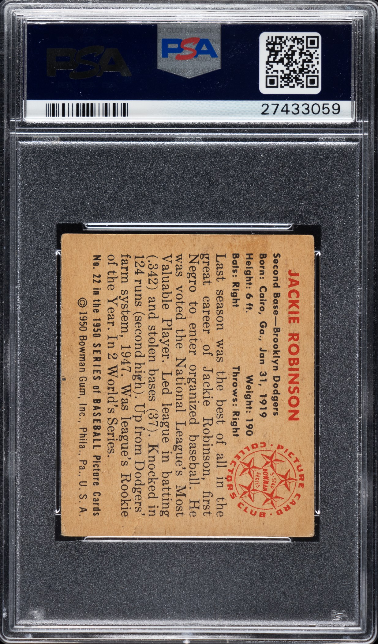 1950 Bowman #22 Jackie Robinson PSA VG 3