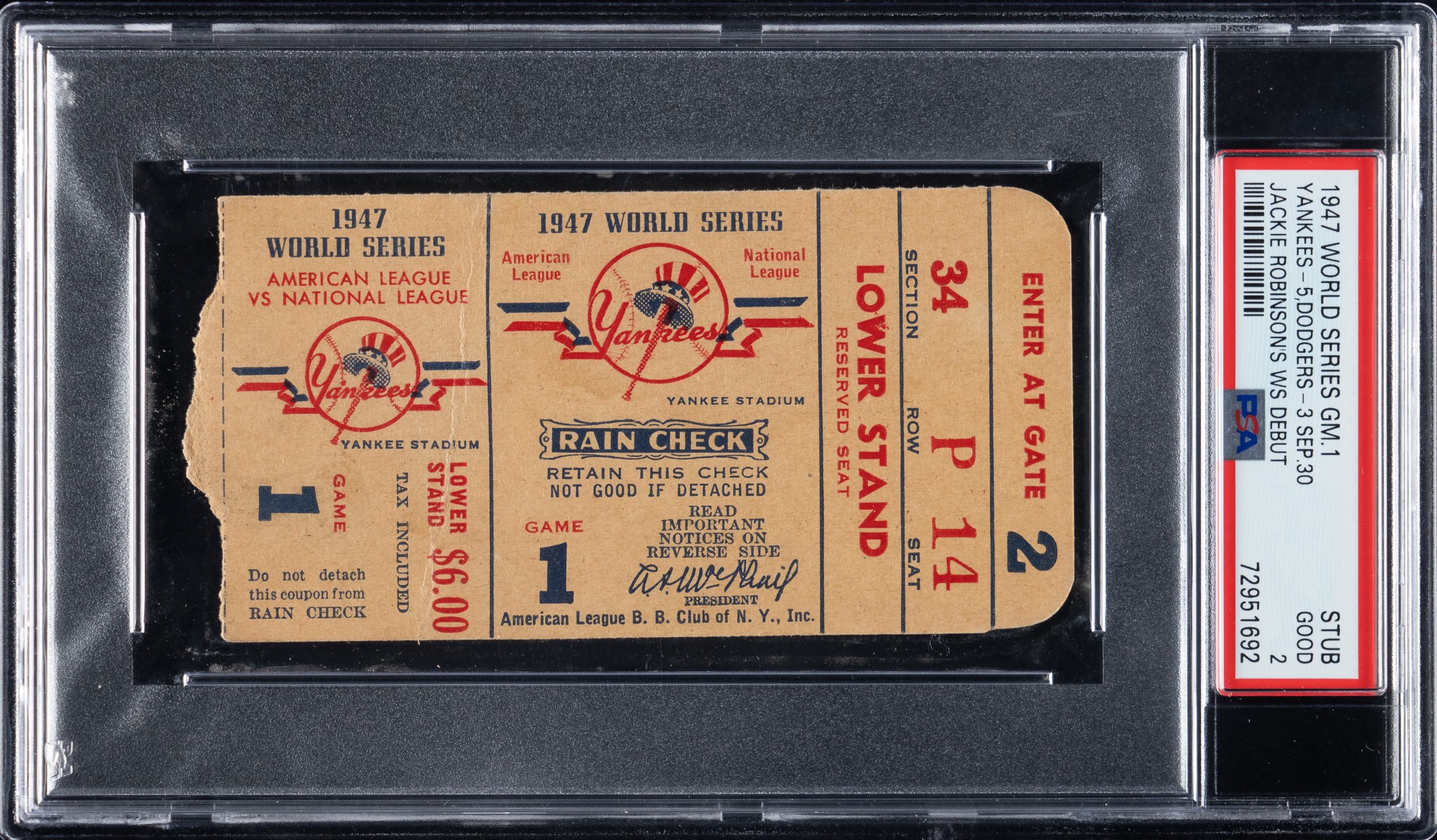 1947 New York Yankees vs. (Brooklyn Dodgers) World Series Game 1 Ticket Stub PSA GOOD 2 - Jackie Robinson World Series Debut