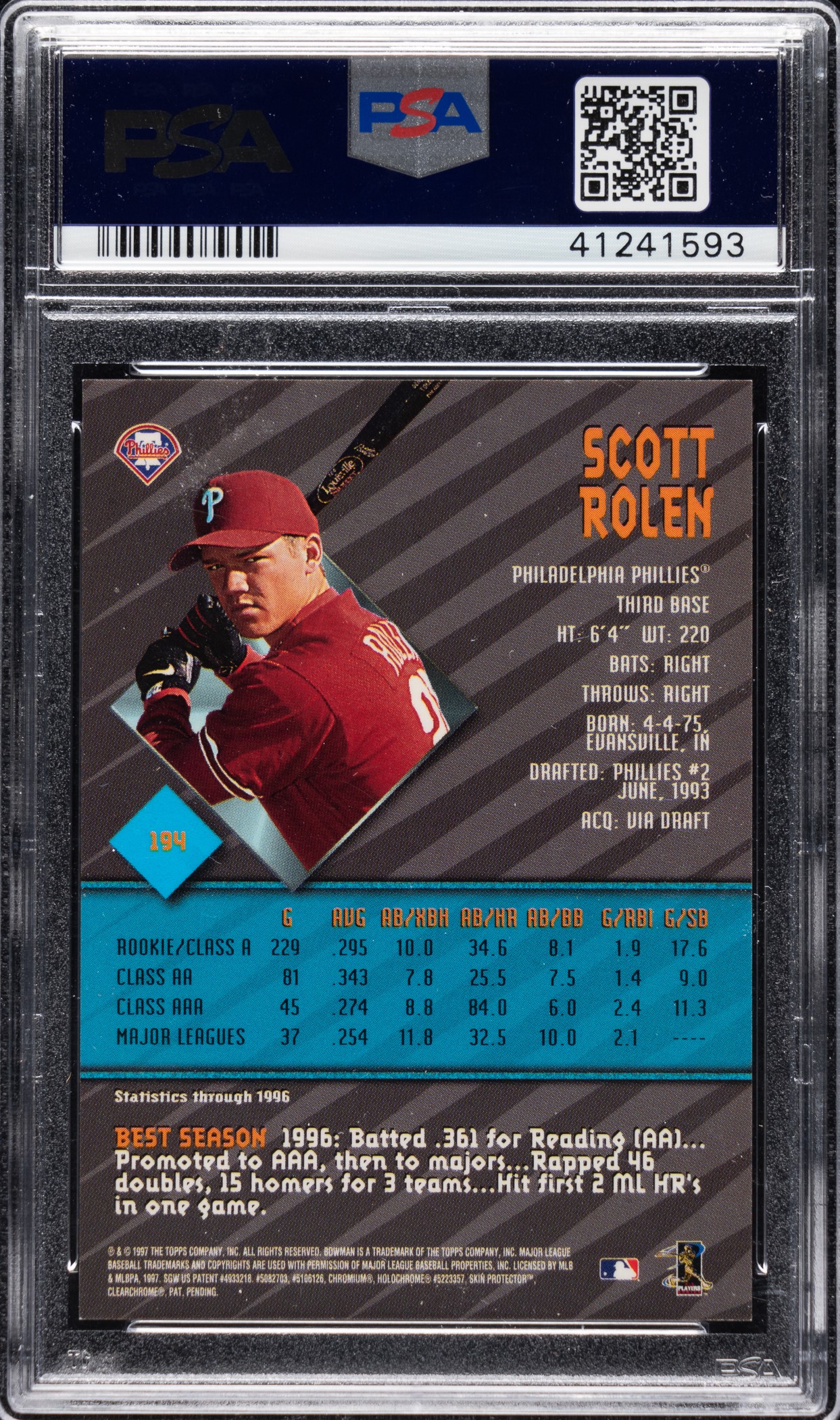 Scott Rolen Rookie 1997 Bowman's Best #194 Scott Rolen Rookie Autograph PSA GEM MINT 10 ...