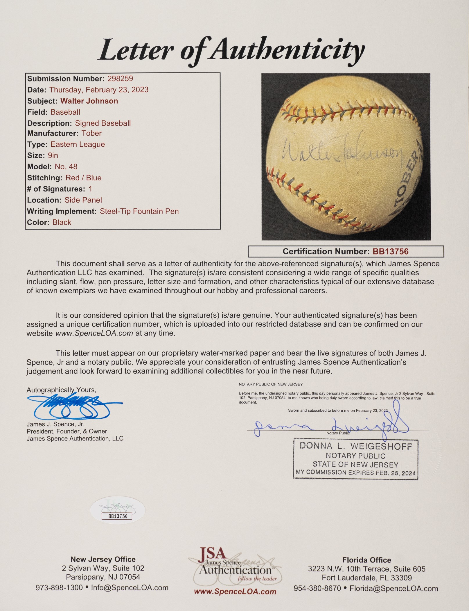 Walter Johnson Single-Signed Baseball - JSA