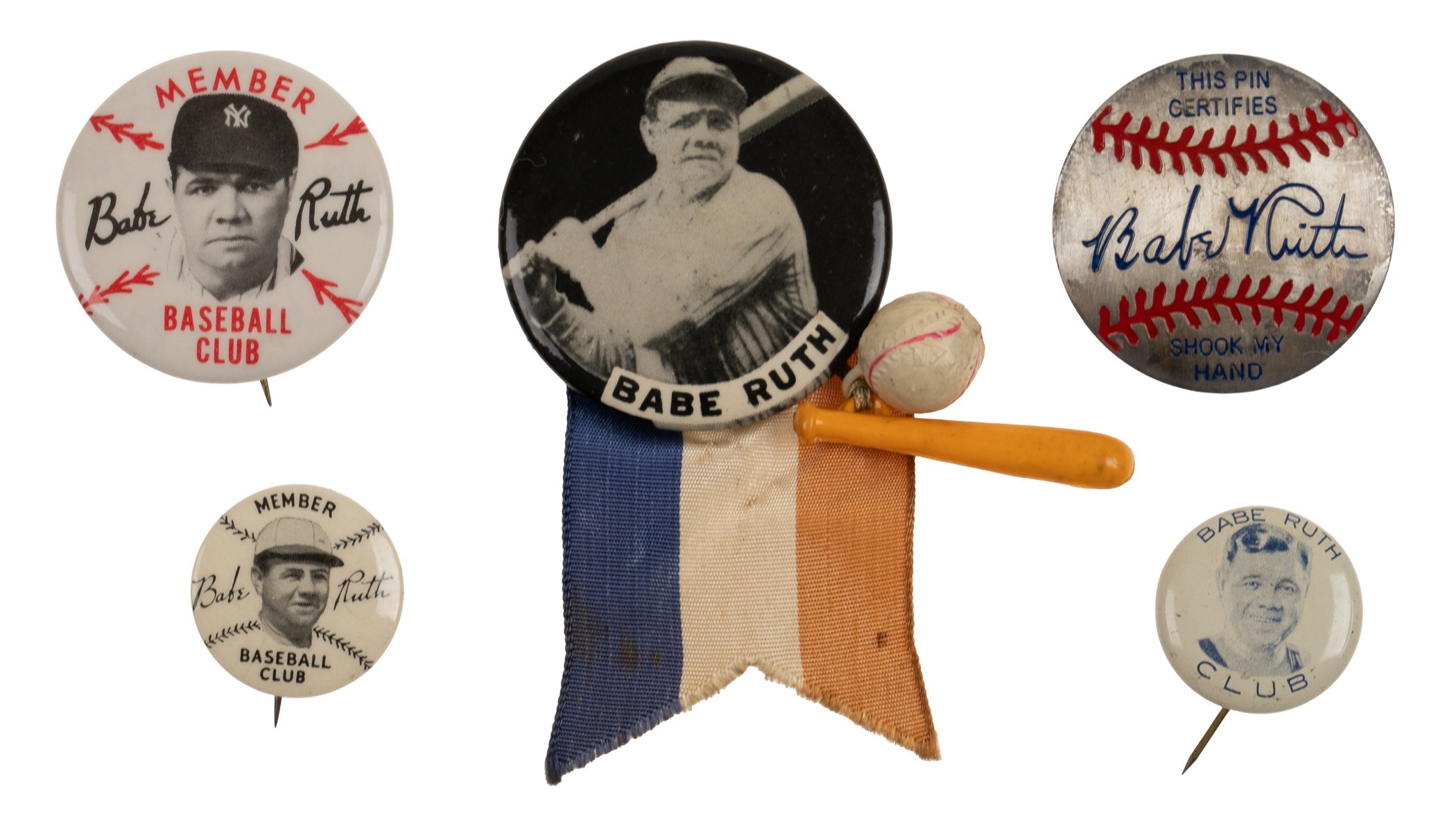 1930s-1940s Babe Ruth Pin Collection (5) Including Quaker Oats Baseball ...