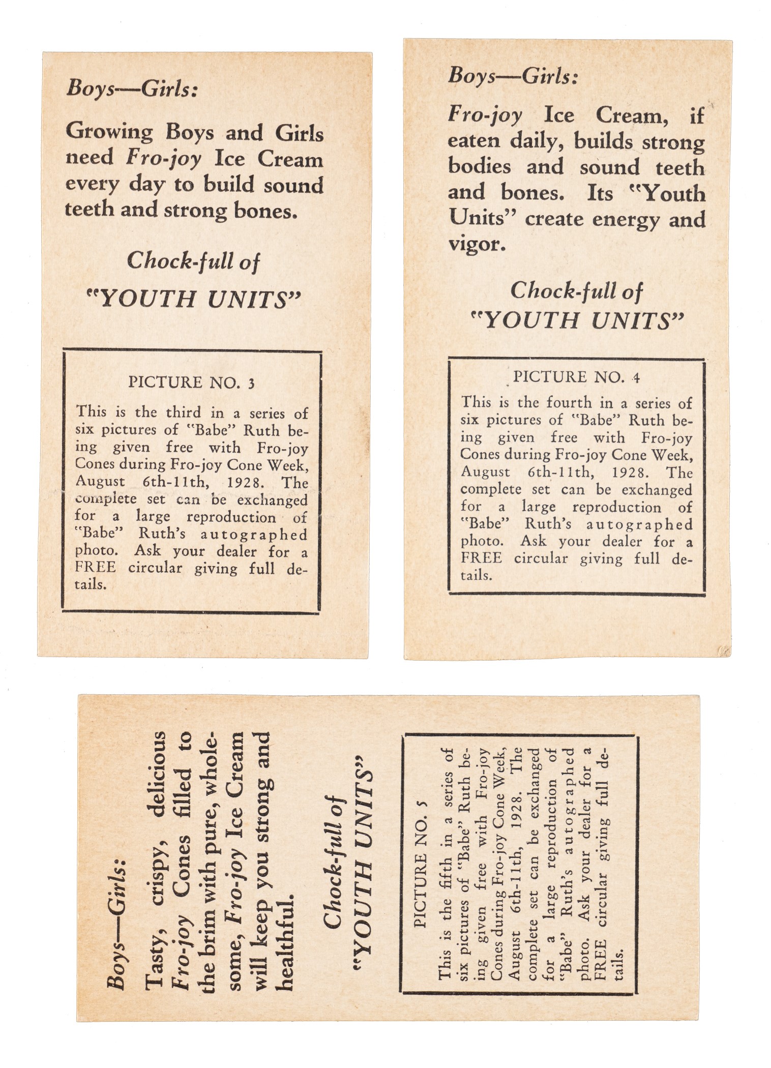 Babe Ruth Cream 1928 Fro-Joy Ice Cream Babe Ruth Complete Set (6) | REA Archive