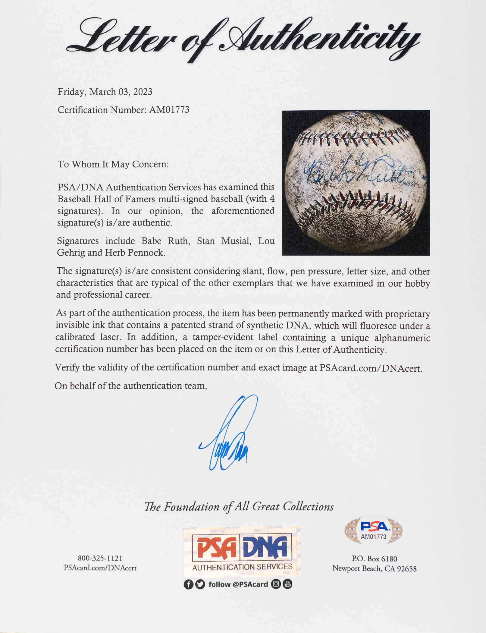 Babe Ruth, Lou Gehrig, Herb Pennock, and Stan Musial Multi-Signed Baseball - PSA/DNA