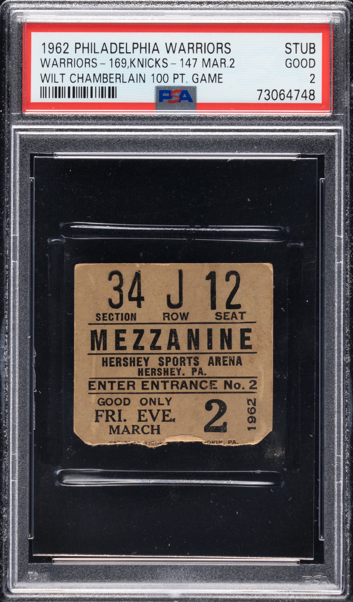 1962 Philadelphia Warriors (vs. New York Knicks) Ticket Stub PSA