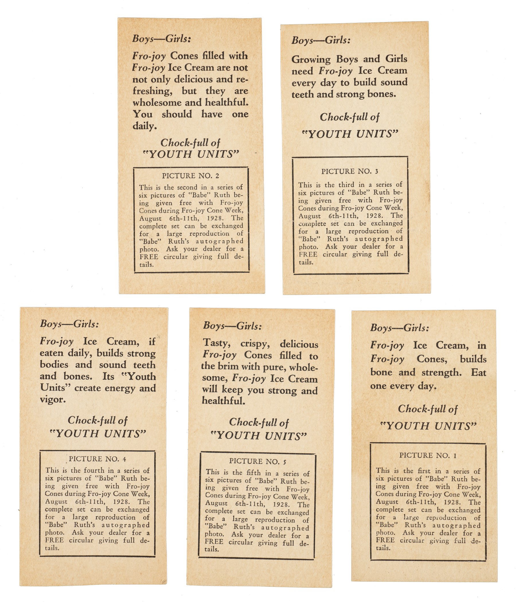 Babe Ruth Cream 1928 Fro-Joy Ice Cream Babe Ruth Near-Complete Set (5/6) | REA Archive