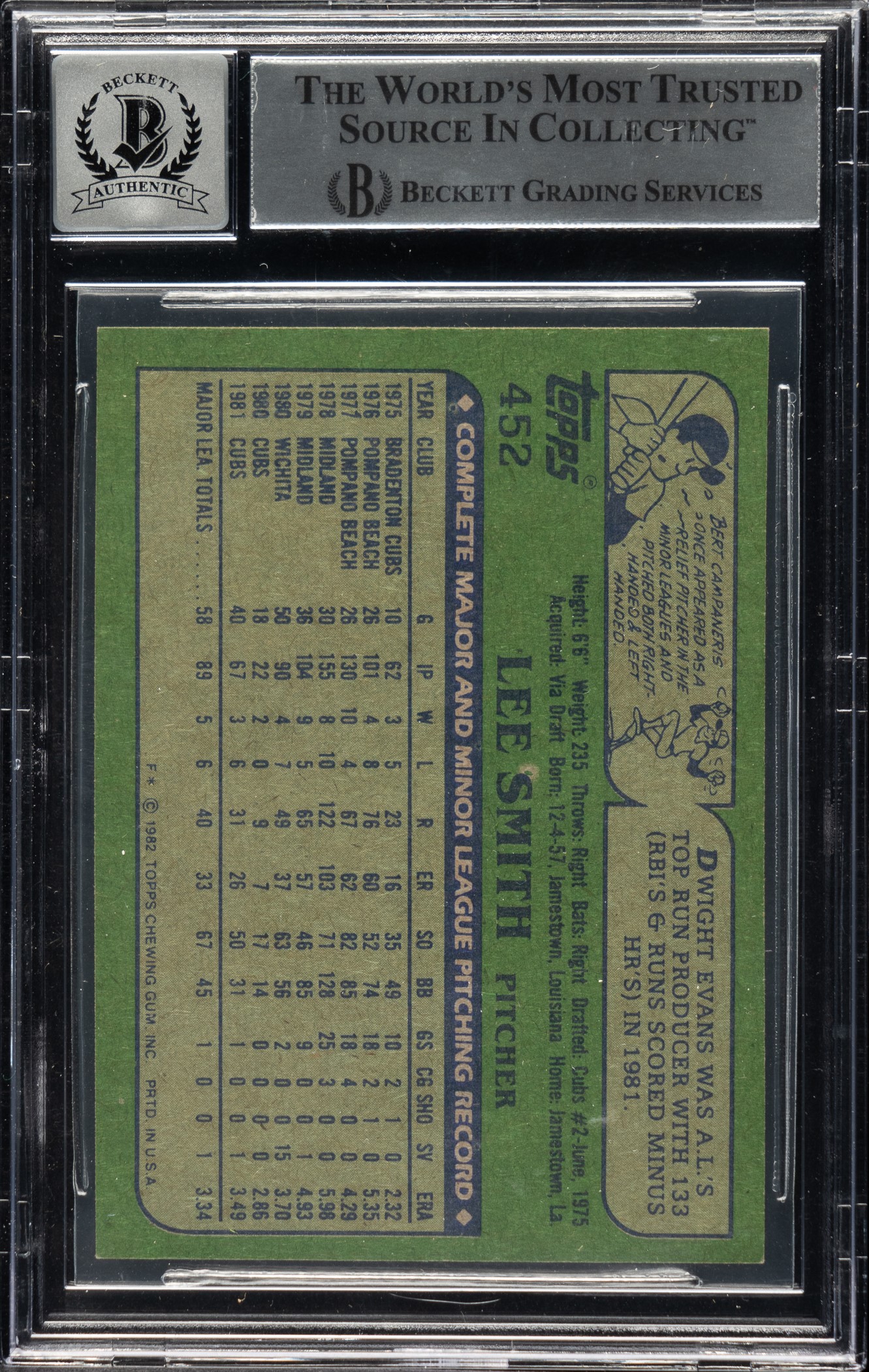 Signed 1982 Topps #452 Lee Smith Rookie BGS GEM MINT 10 Signature | REA ...