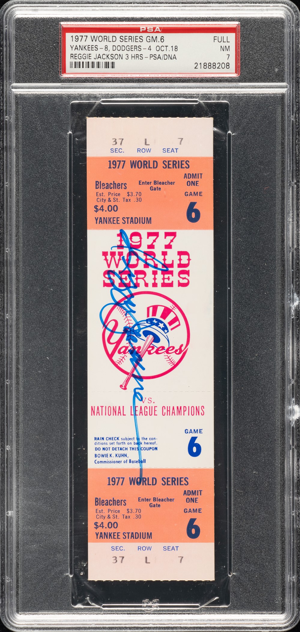 1977 New York Yankees (vs. Los Angeles Dodgers) World Series Game 6 Full Ticket Signed by Reggie Jackson PSA NM 7 - Reggie Jackson's Three Home Runs