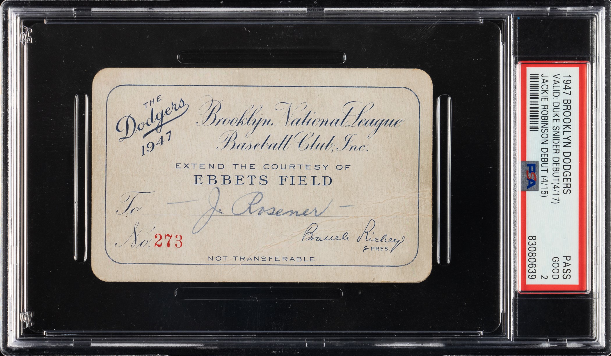 1947 Brooklyn Dodgers Season Pass PSA GOOD 2 - Valid For Jackie Robinson and Duke Snider Debuts!