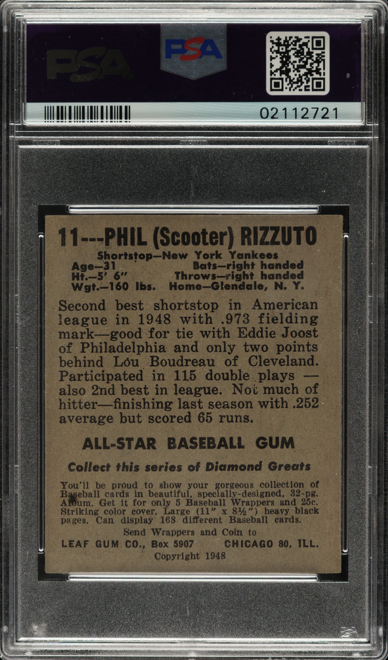 1948-1949 Leaf #11 Phil Rizzuto PSA NM-MT 8 | REA Archive