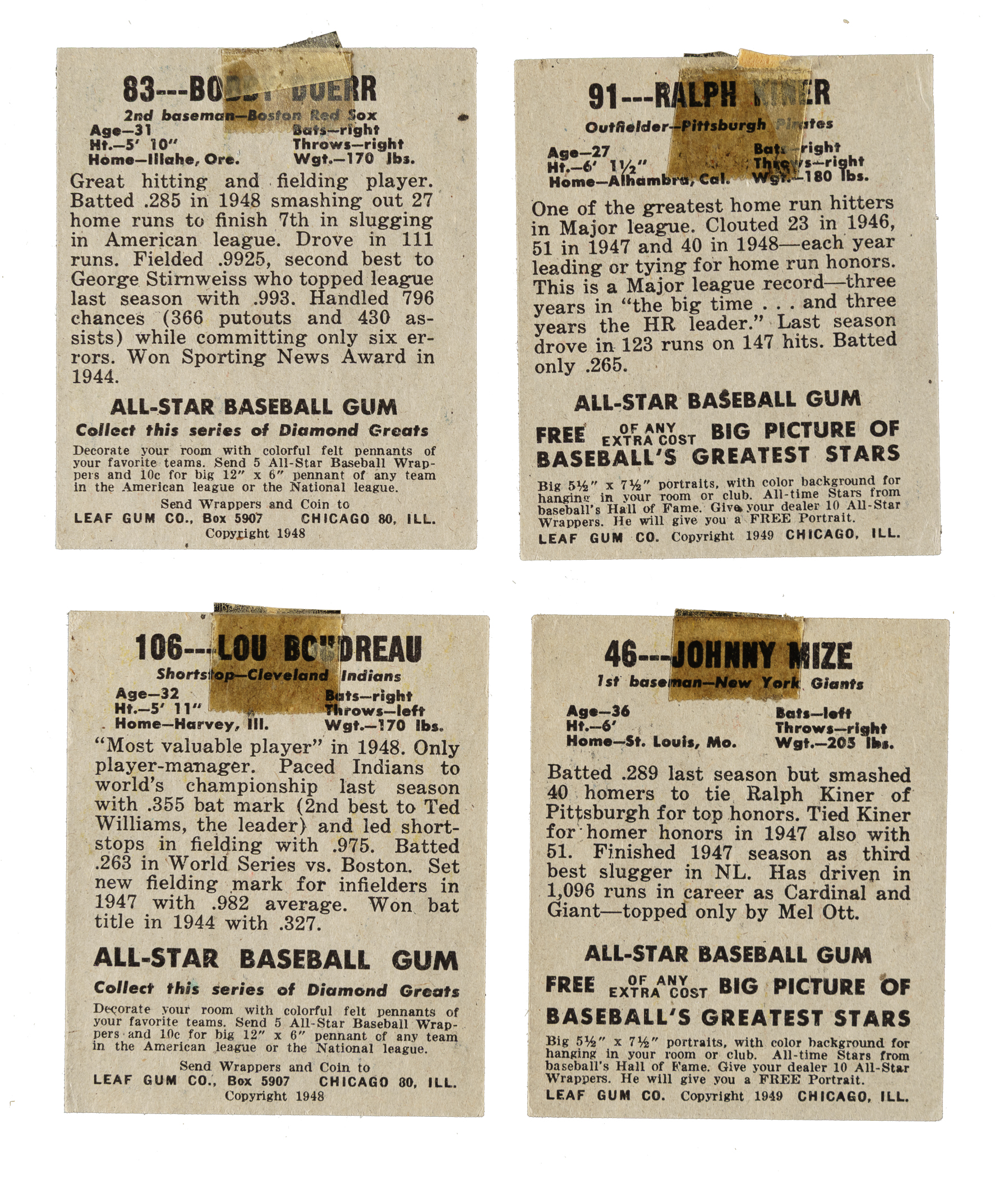 Ralph Doerr 1948-1949 Leaf Collection (30) Including Bobby Doerr, Johnny Mize, and ...