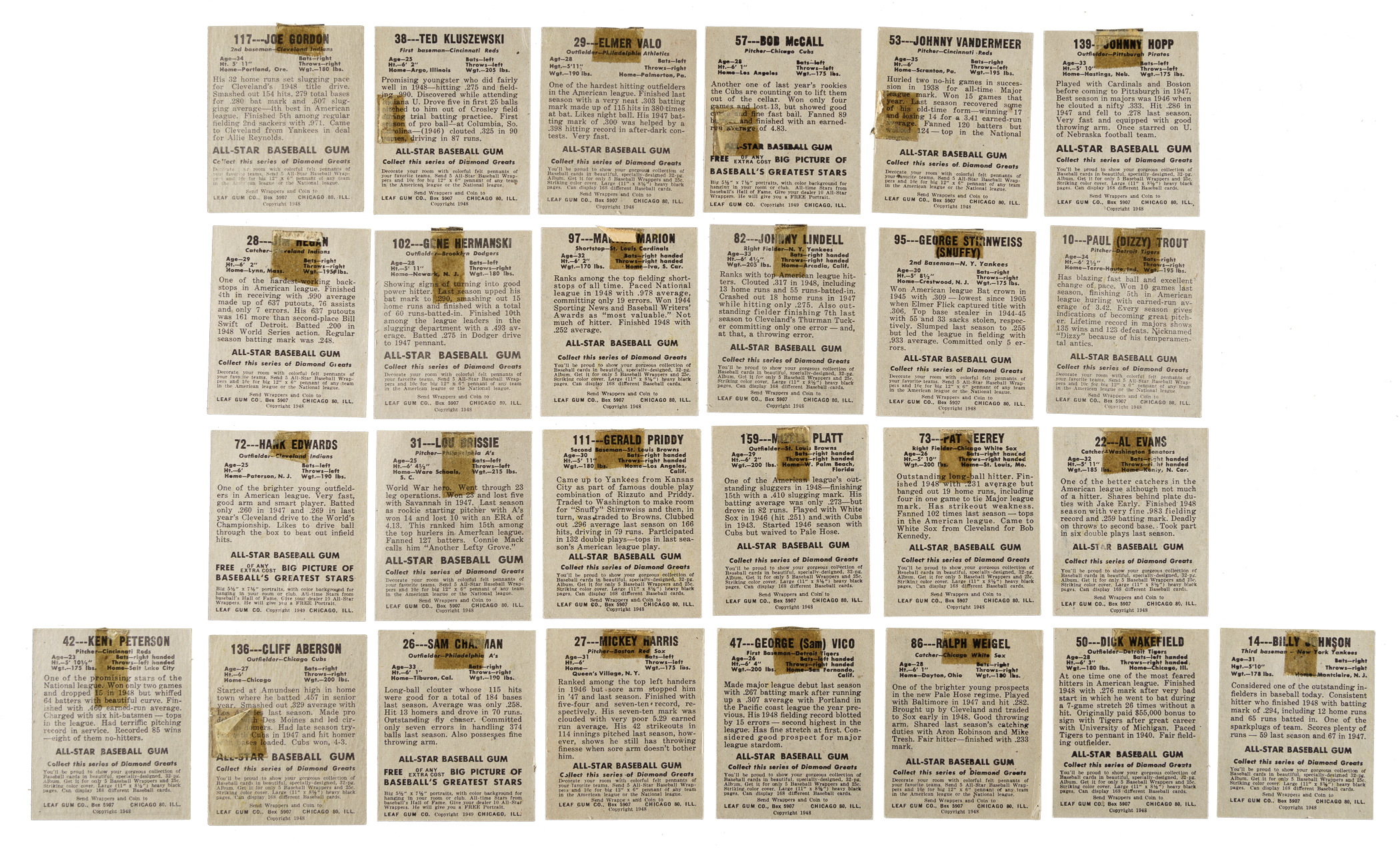 Ralph Doerr 1948-1949 Leaf Collection (30) Including Bobby Doerr, Johnny Mize, and ...