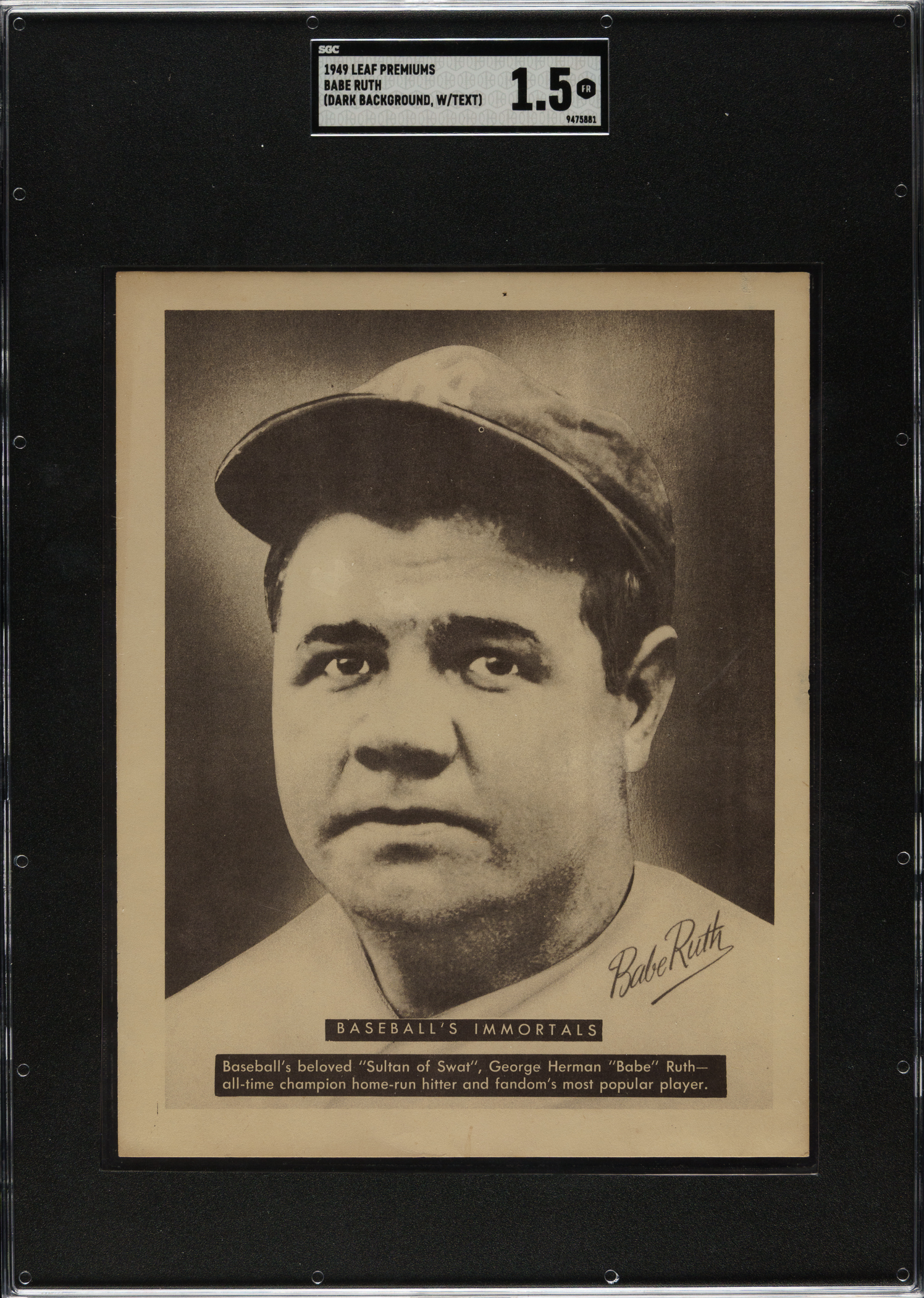 1949 Leaf Premiums Babe Ruth Dark Background with Text Boxes SGC FAIR 1 ...