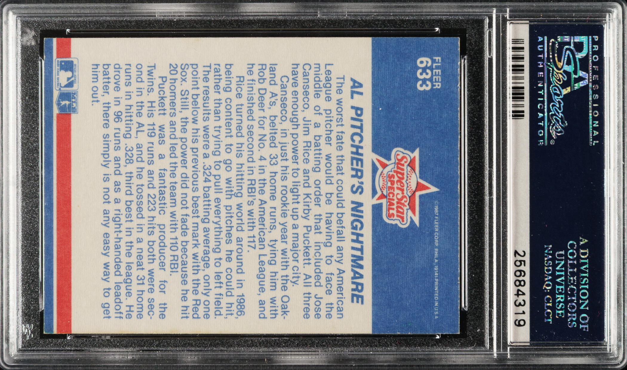 Signed 1987 Fleer #633 Jim Rice, Jose Canseco and Kirby Puckett