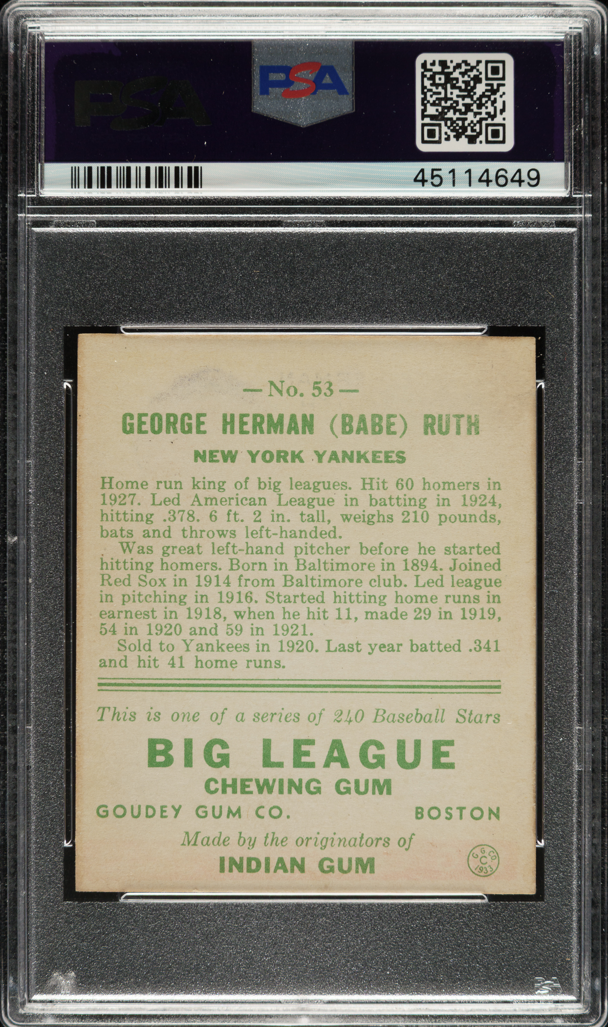 1933 R319 Goudey #53 Babe Ruth PSA EX 5 | REA Archive