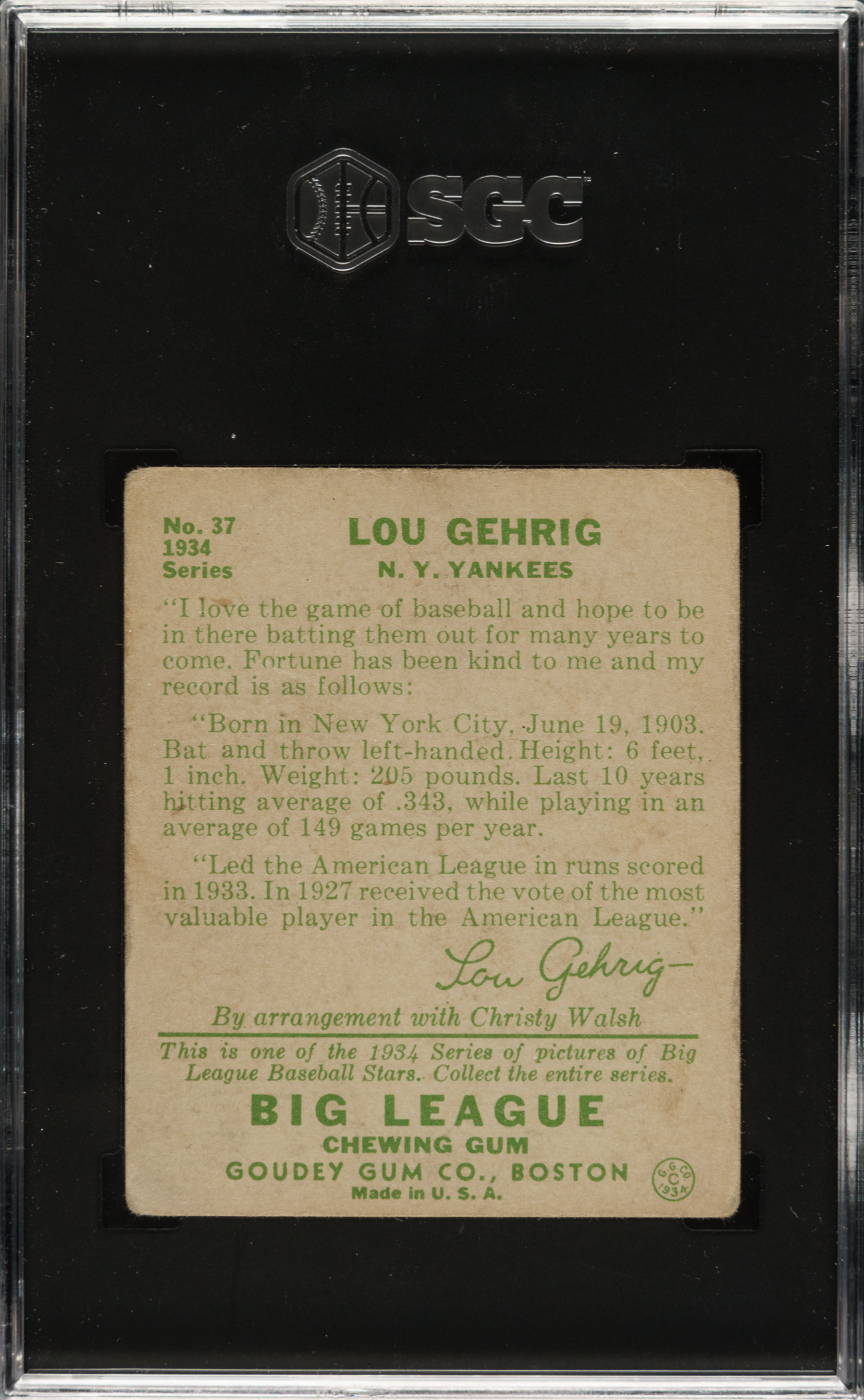 1934 R320 Goudey #37 Lou Gehrig SGC VG 3 | REA Archive