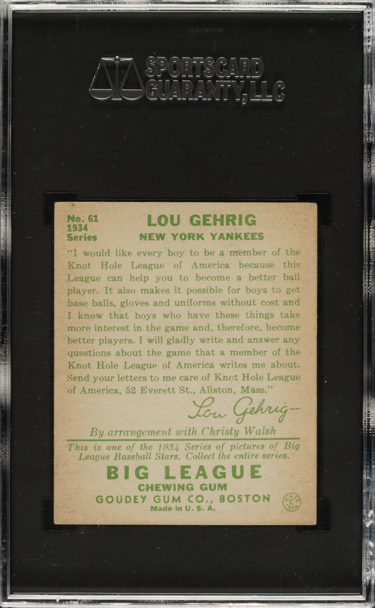 1934 R320 Goudey #61 Lou Gehrig SGC VG+ 45 | REA Archive