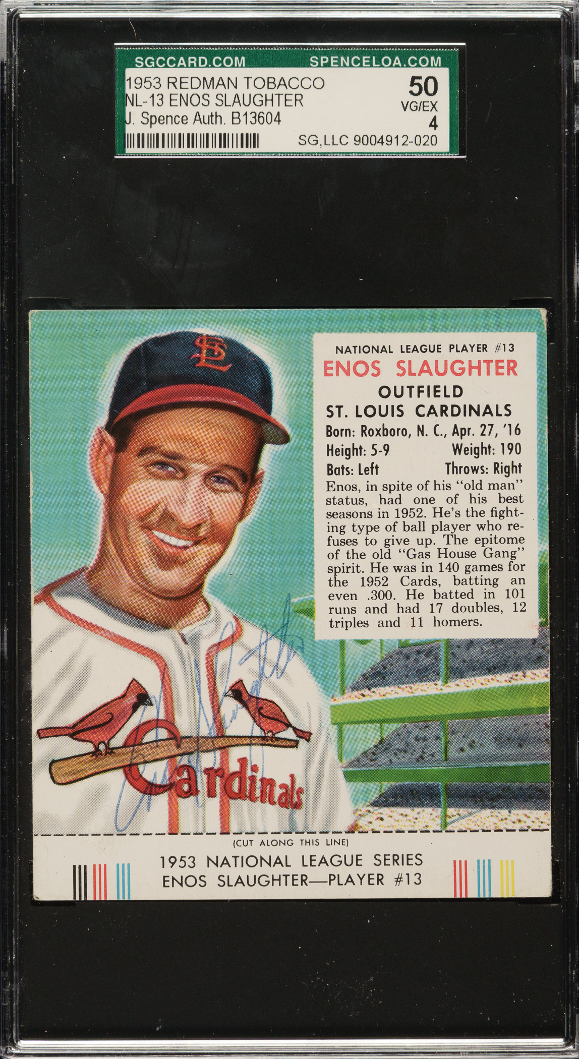 1953 red man tobacco cards Signed 1953 Redman Tobacco #NL-13 Enos Slaughter SGC VG/EX 50