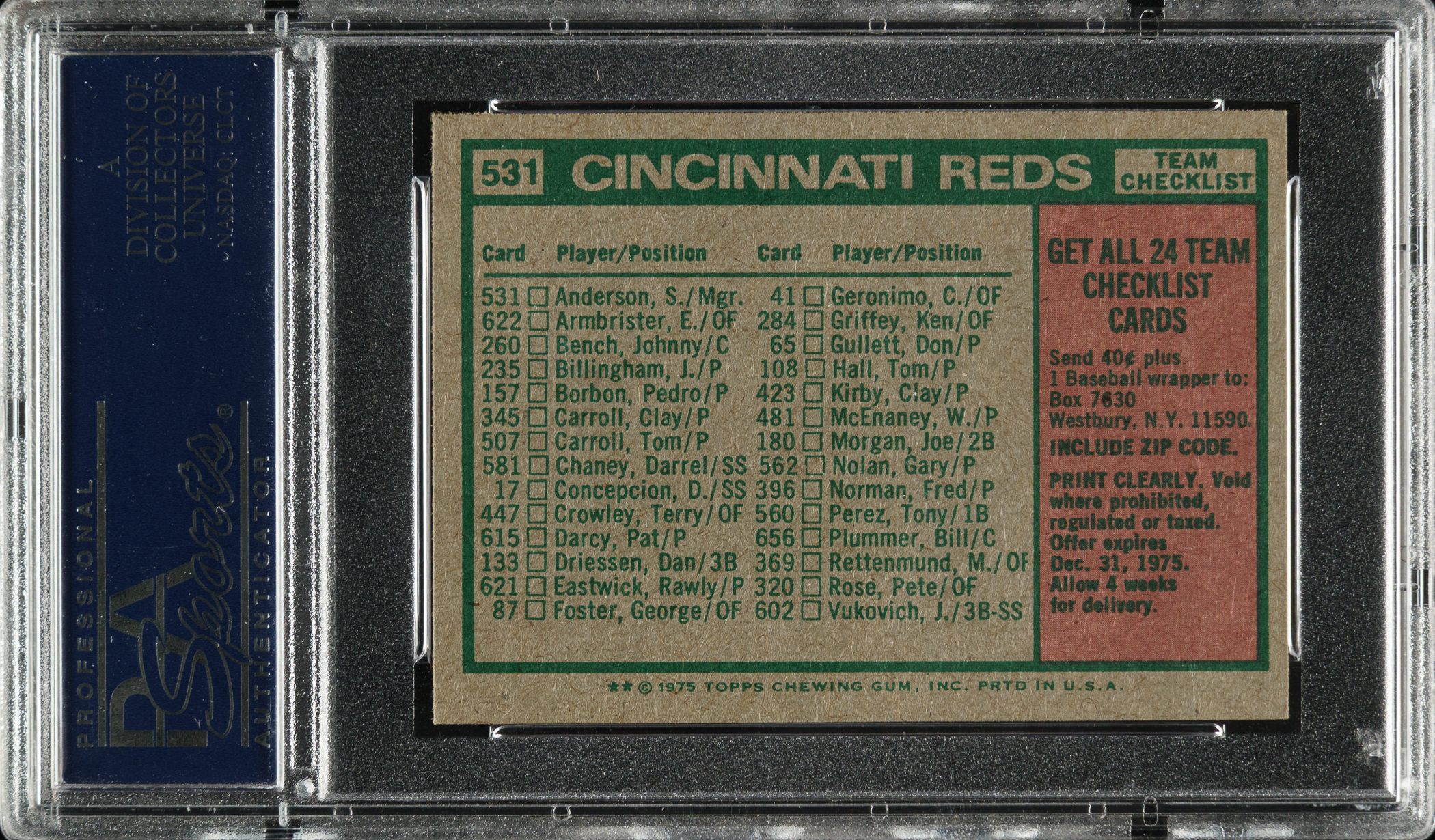 1975 Topps Mini #531 Cincinnati Reds Team with Sparky Anderson PSA MINT ...