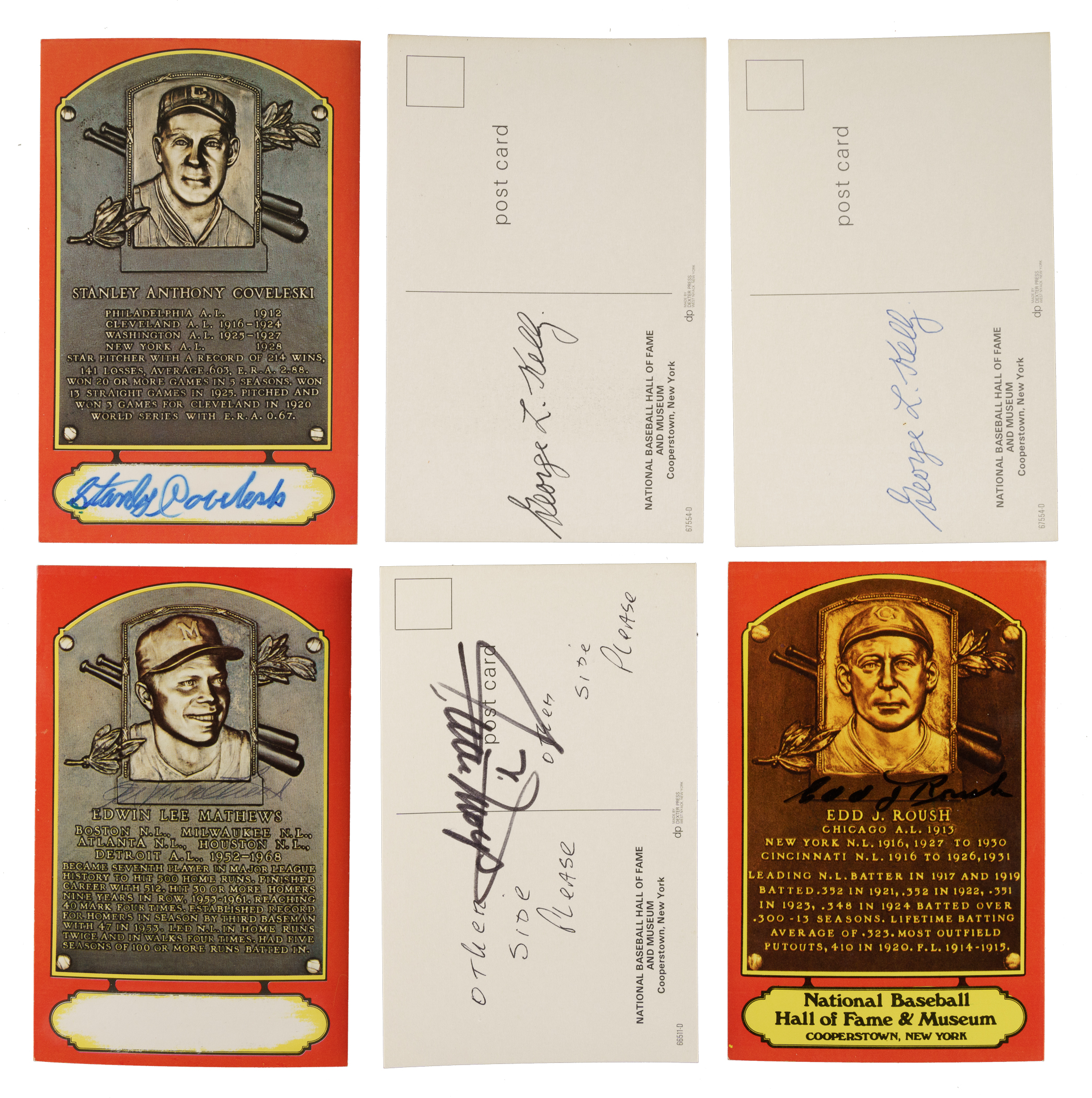 Stan Roush Signed Hall of Fame Postcard Collection (6) Including Willie Mays, Edd ...