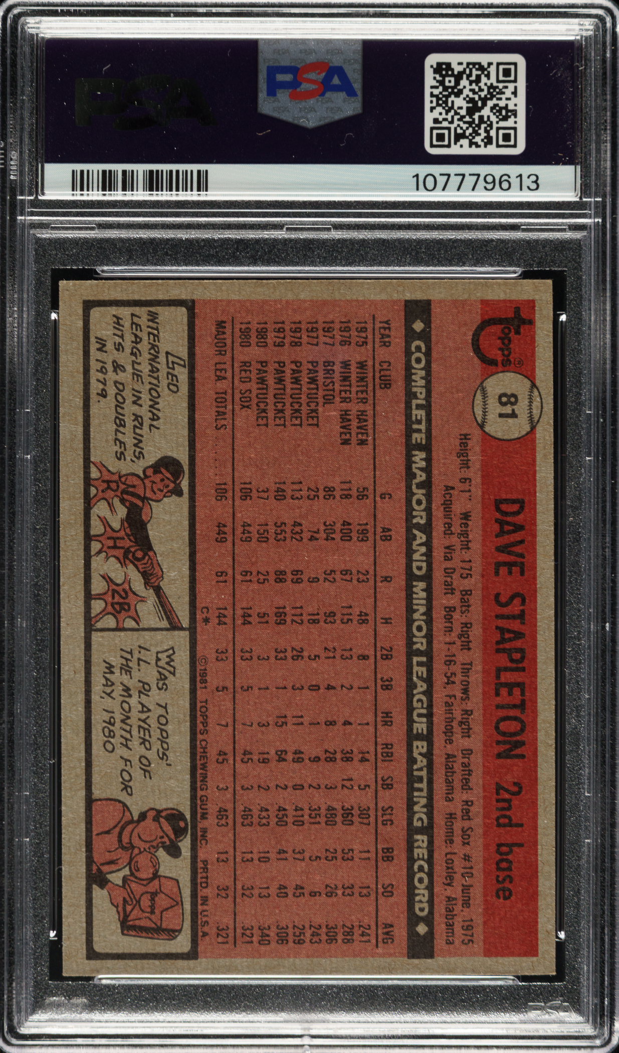 Signed 1981 Topps #81 Dave Stapleton PSA EX-MT 6 with GEM MINT 10 ...