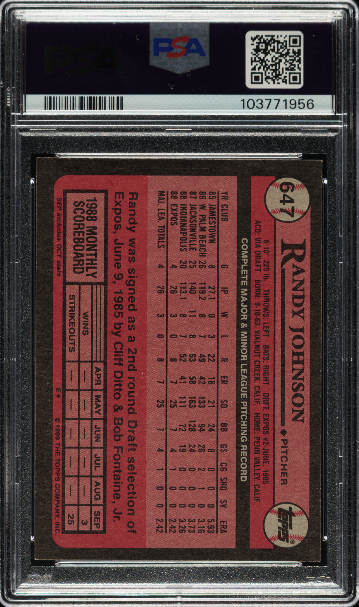 Signed 1989 Topps #647 Randy Johnson Rookie PSA MINT 9 with MINT 9 ...