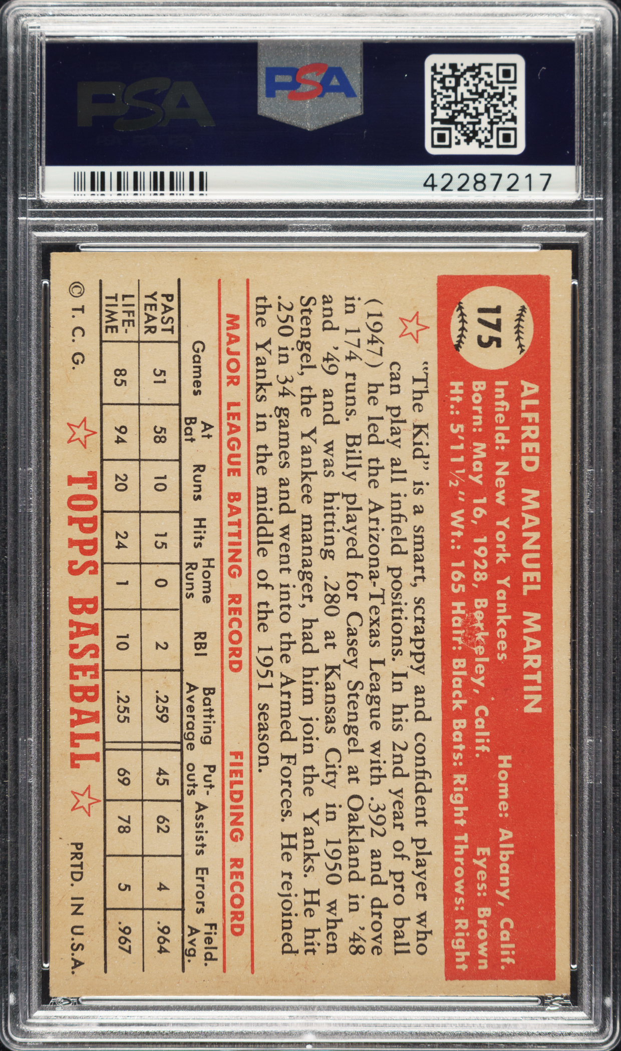 1952 Topps #175 Billy Martin Rookie PSA EX-MT 6 | REA Archive