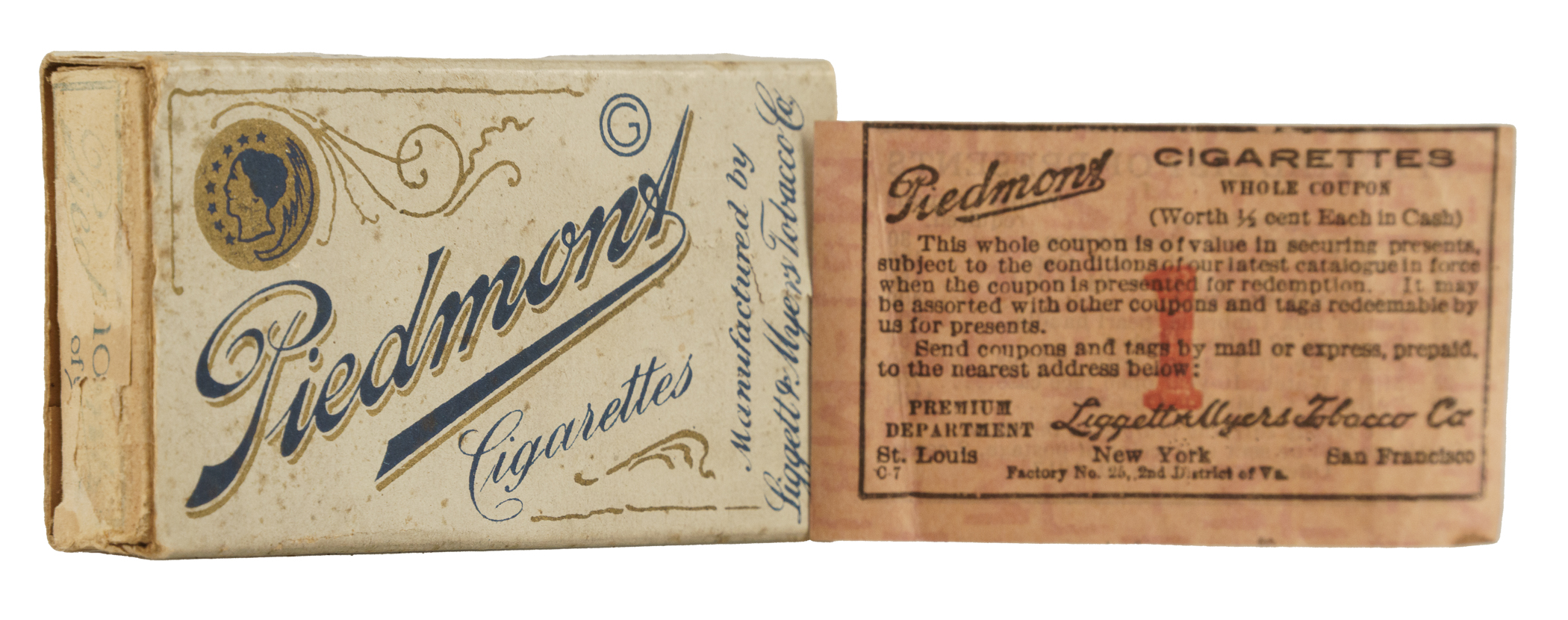 Circa 1910 Piedmont Cigarettes Empty Tobacco Pack and Coupon