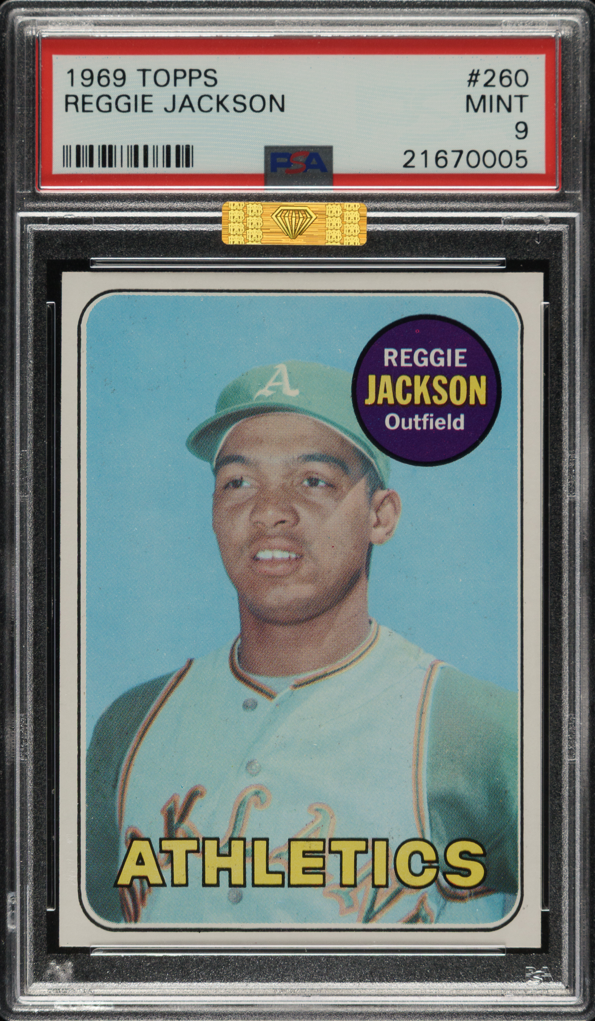 1969-topps-260-reggie-jackson-rookie-psa-mint-9-mba-gold-diamond