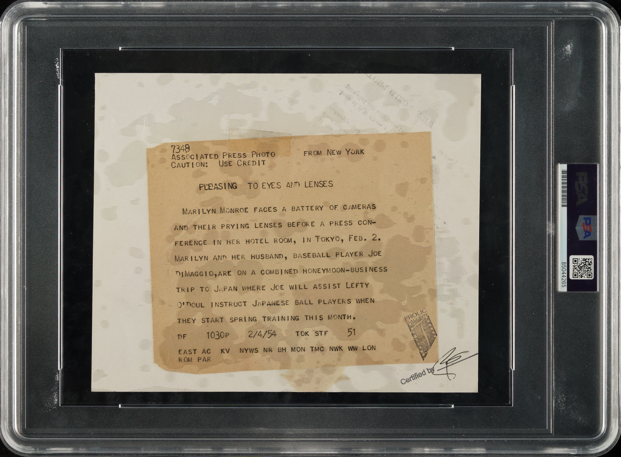 1954 Marilyn Monroe Original Associated Press Photograph PSA/DNA Type I ...