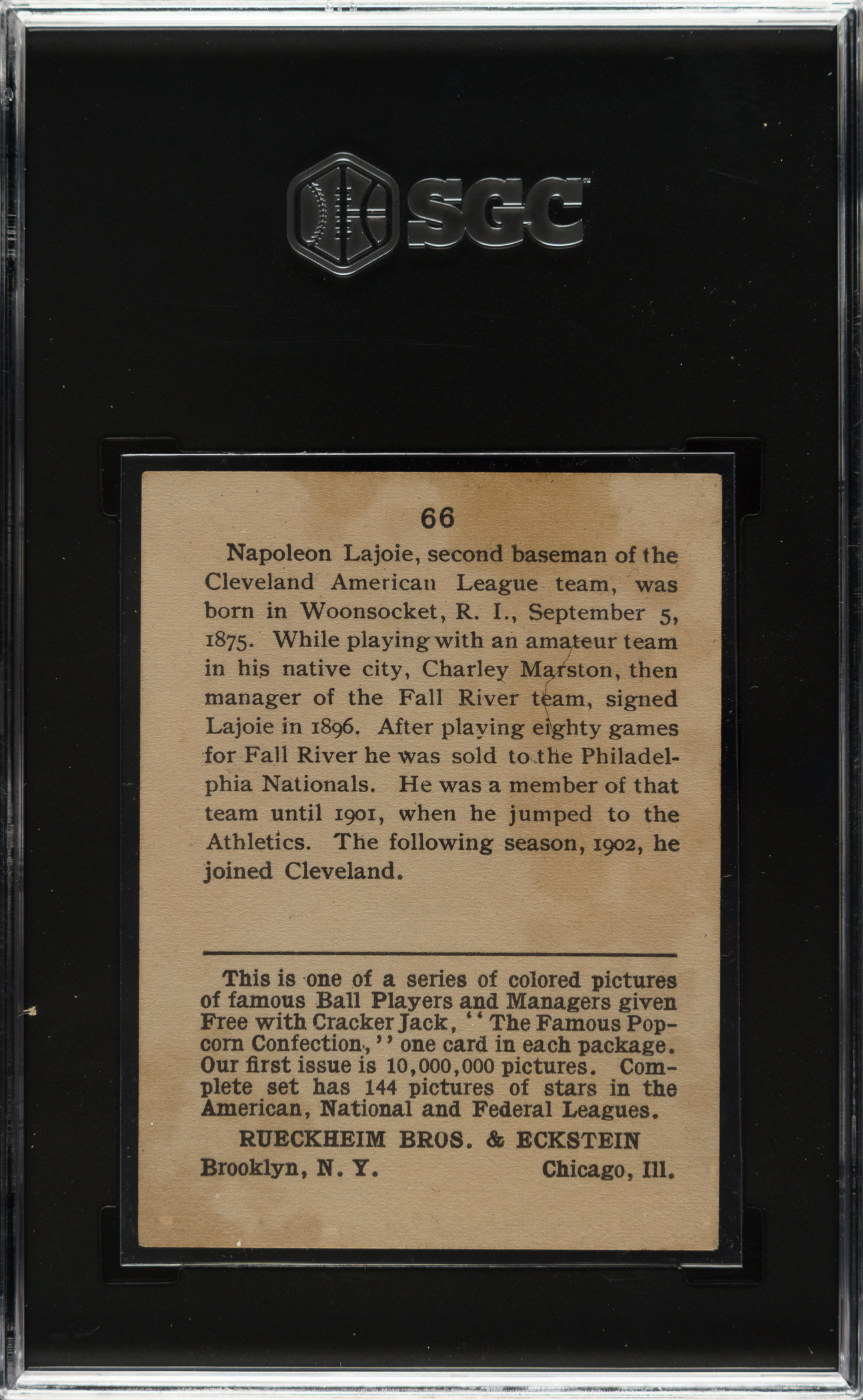 1914 E145 Cracker Jack #66 Nap Lajoie SGC VG/EX 4