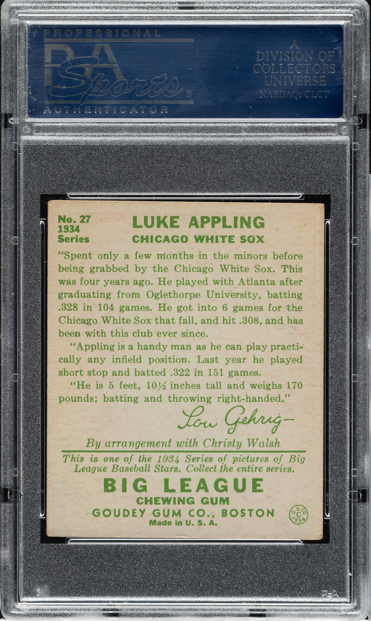 1934 R320 Goudey #27 Luke Appling PSA VG 3 | REA Archive