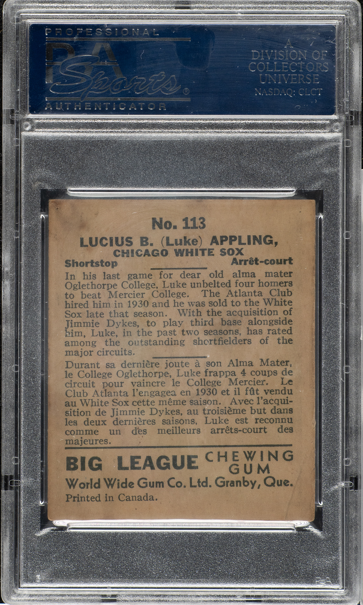 1936 V355 World Wide Gum #113 Luke Appling PSA VG-EX 4 | REA Archive