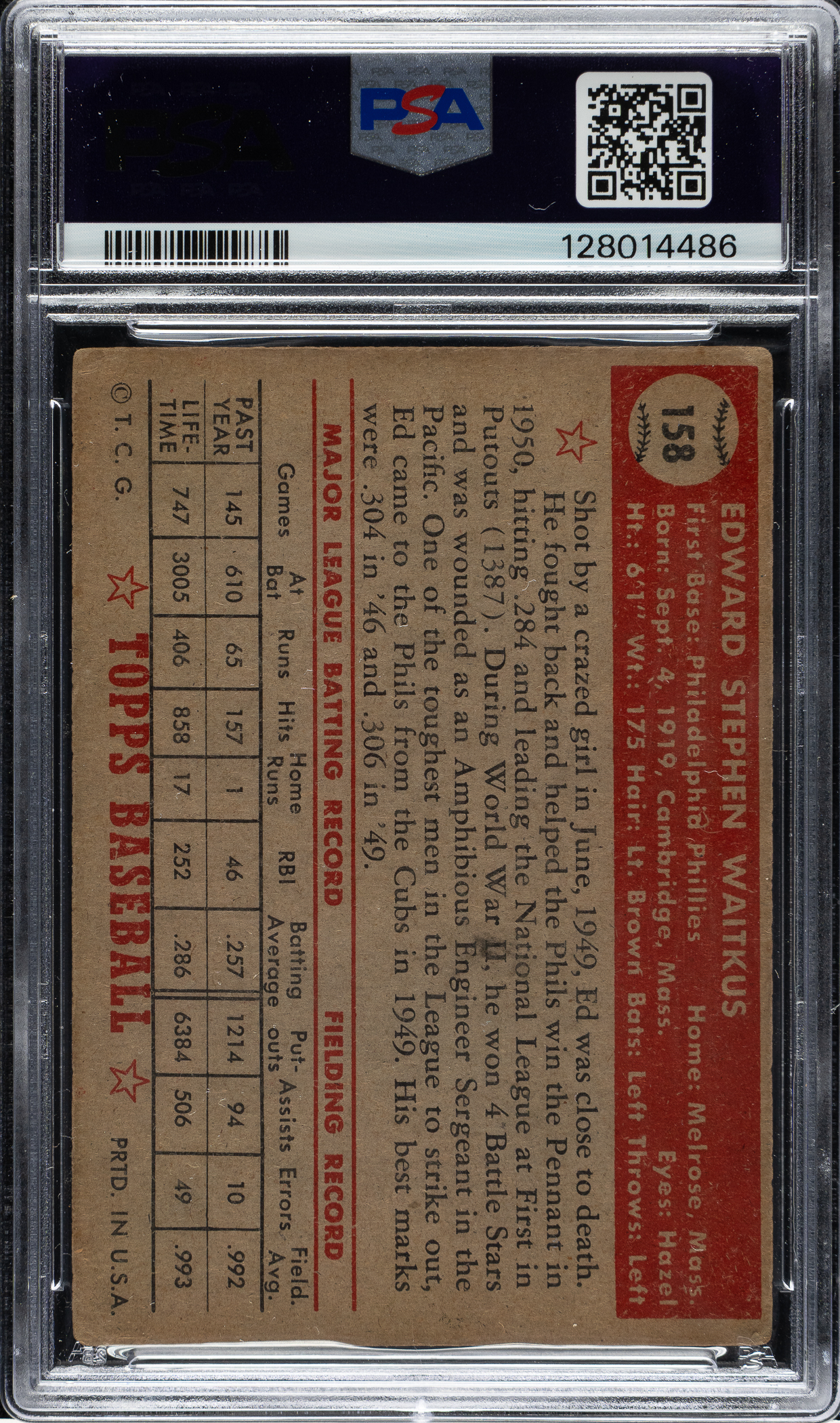 1952 Topps #158 Eddie Waitkus PSA GOOD 2 - 