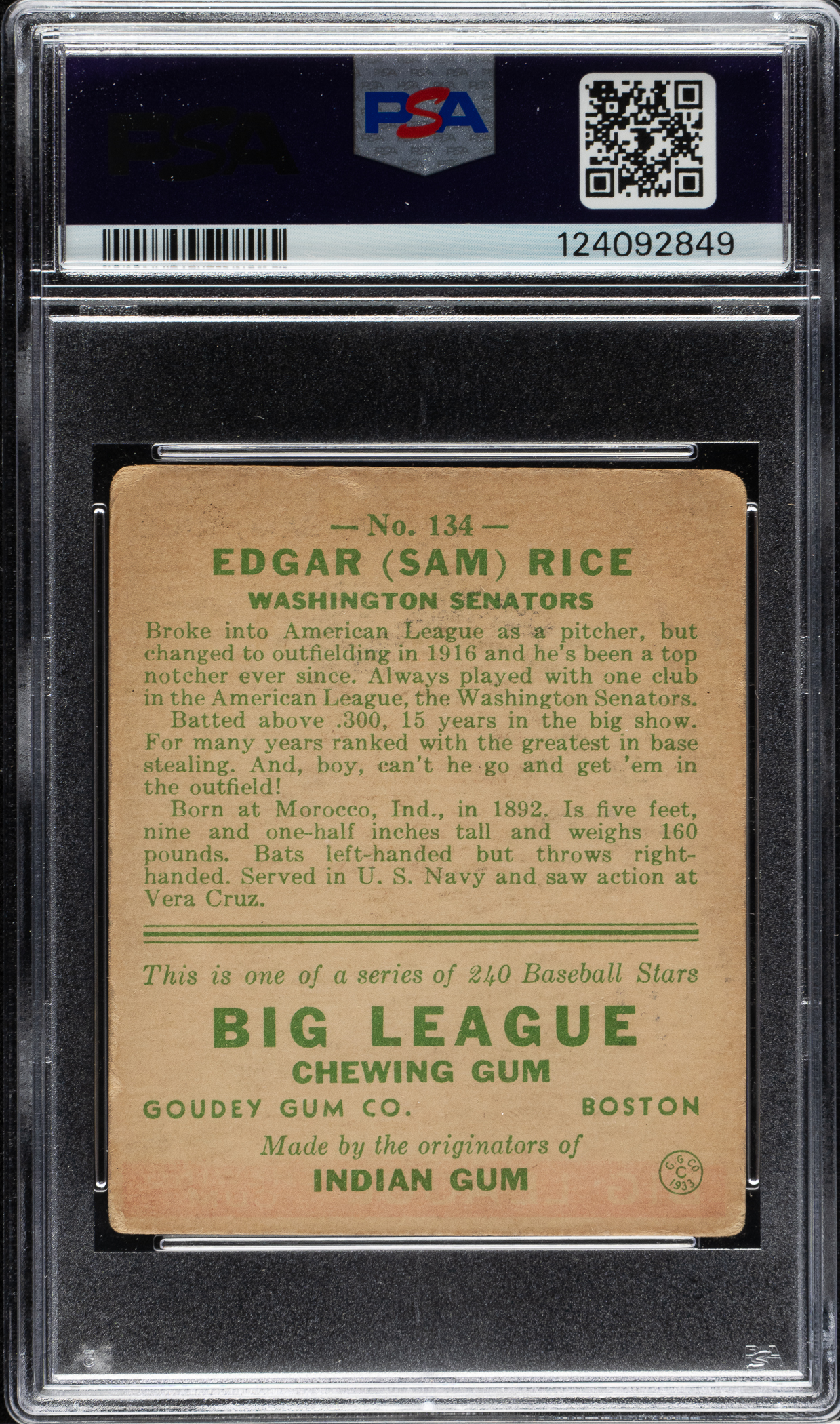 Sam Rice Integral 1933 R319 Goudey #134 Sam Rice PSA FAIR 1.5 | REA Archive