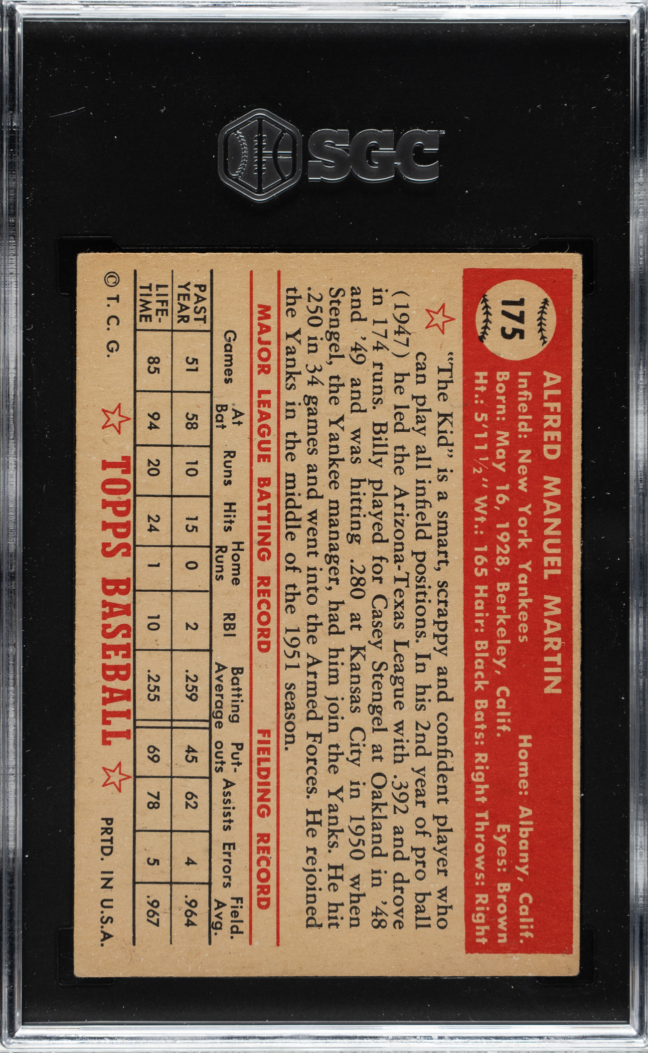 1952 Topps #175 Billy Martin Rookie SGC EX 5 | REA Archive