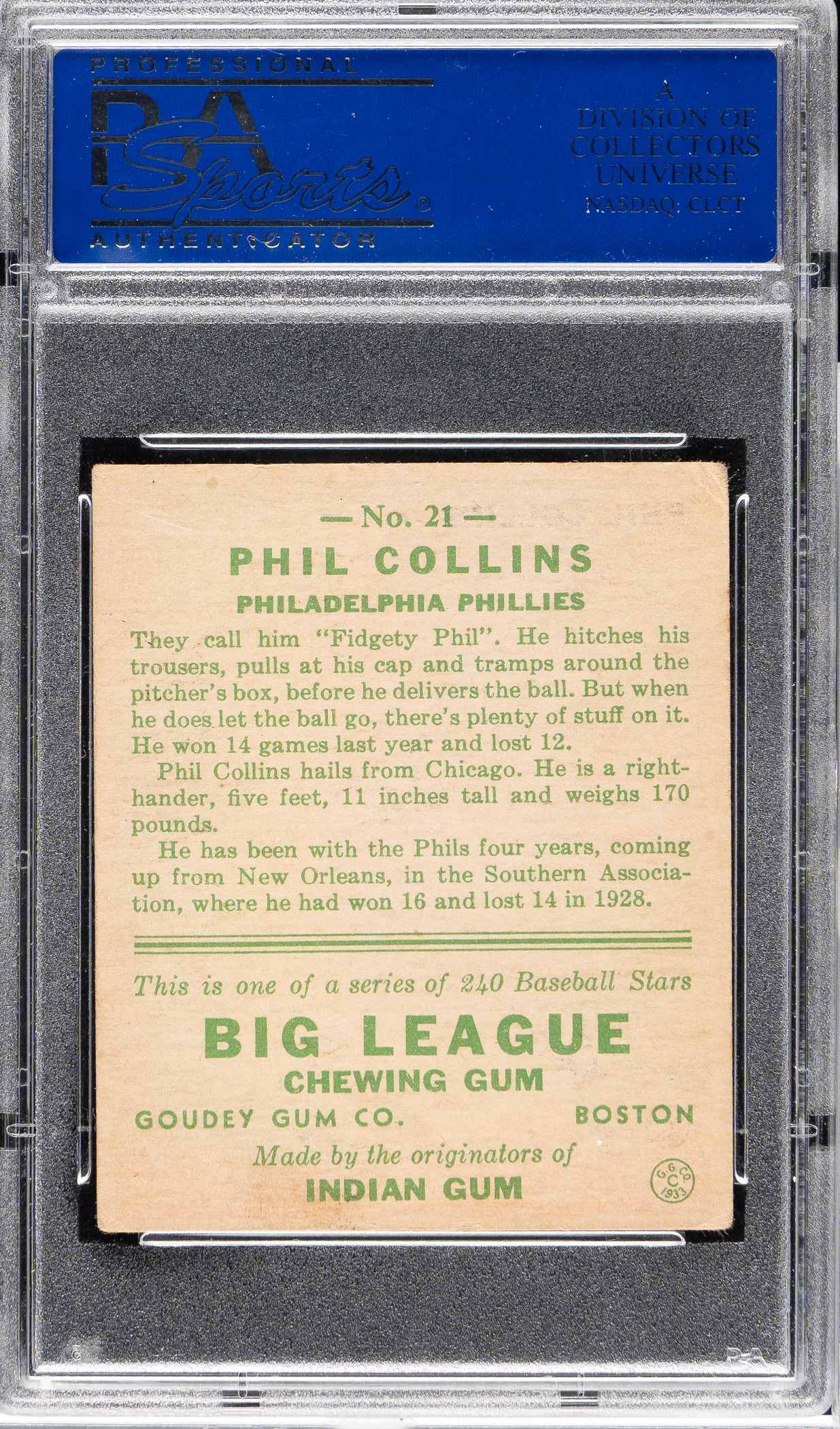 1933 R319 Goudey #21 Phil Collins PSA VG-EX 4 | REA Archive