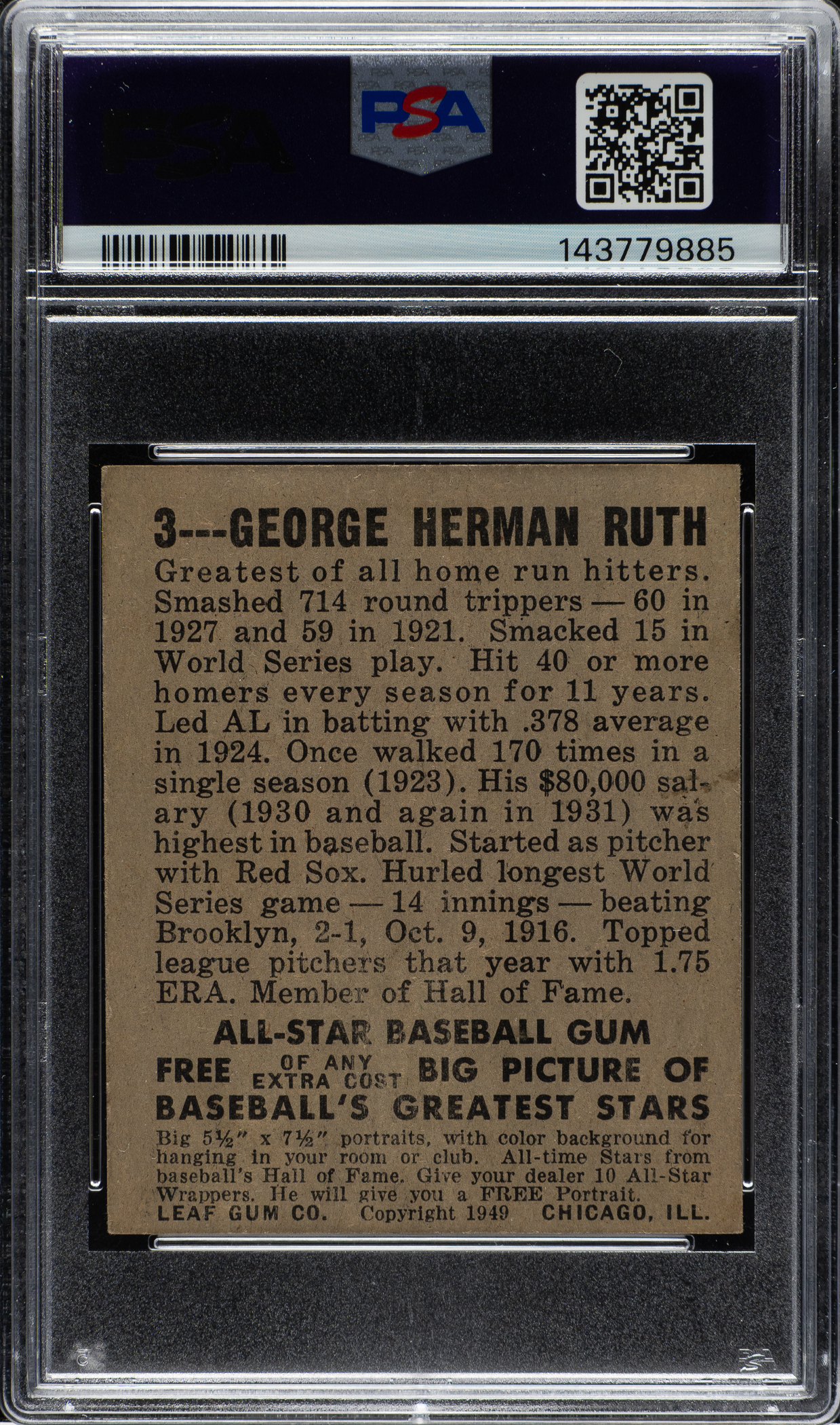 1948-1949 Leaf #3 Babe Ruth PSA Authentic | REA Archive