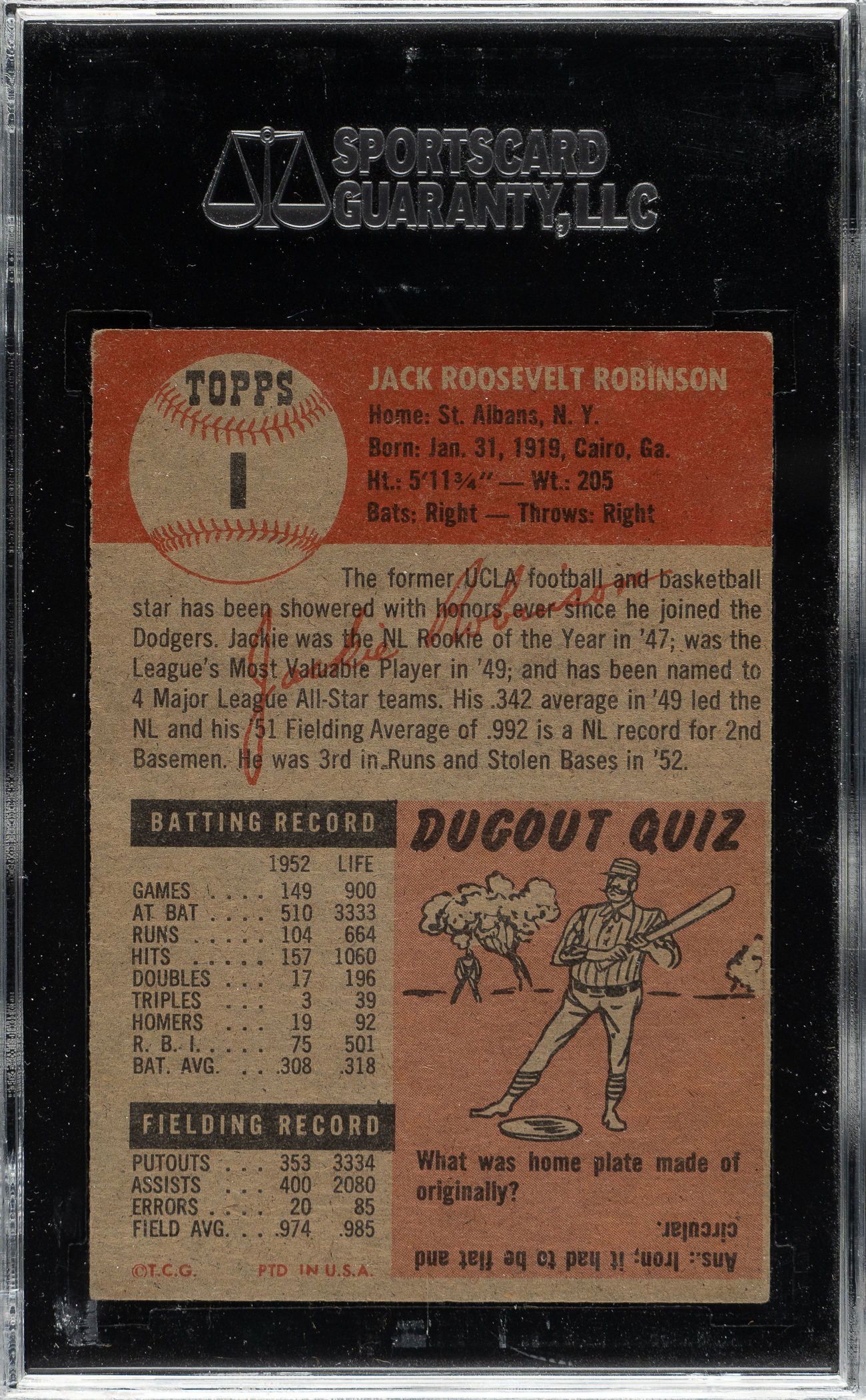 1953 Topps #1 Jackie Robinson SGC VG/EX 50 | REA Archive