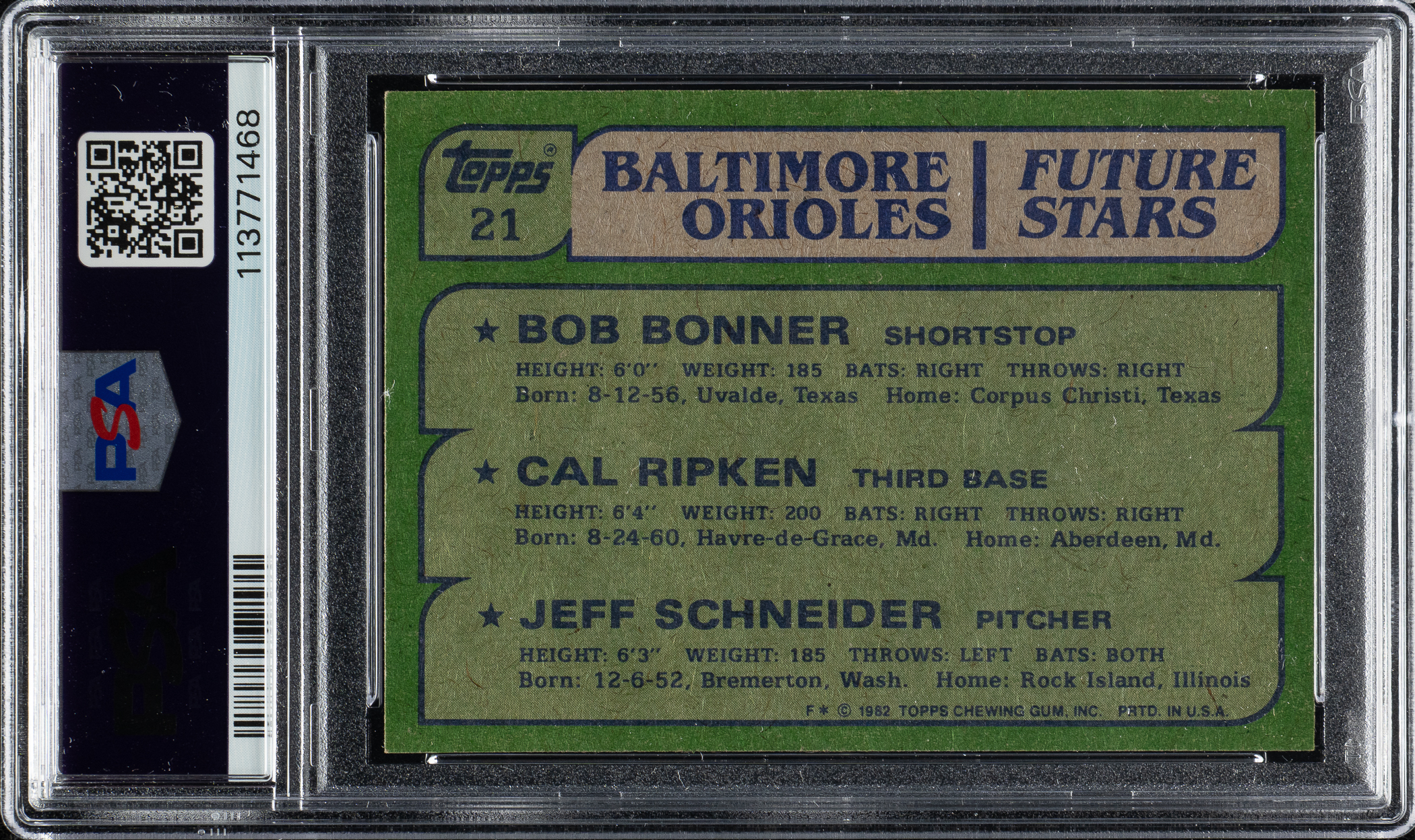 Signed 1982 Topps #21 Cal Ripken Jr. Rookie PSA NM-MT+ 8.5 with GEM ...